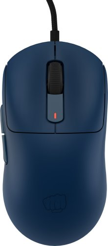 Niebieska przewodowa mysz do gier, widok z góry. Przyciski, kółko i logo pięści.