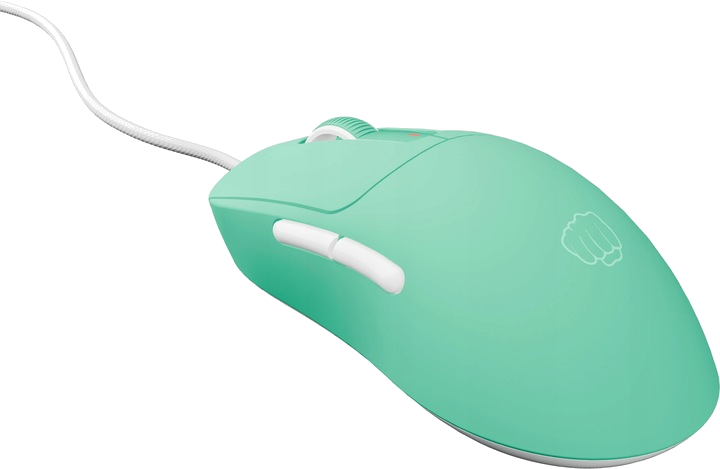 Miętowa przewodowa mysz do gier, widok z boku. Przyciski, kółko i logo.