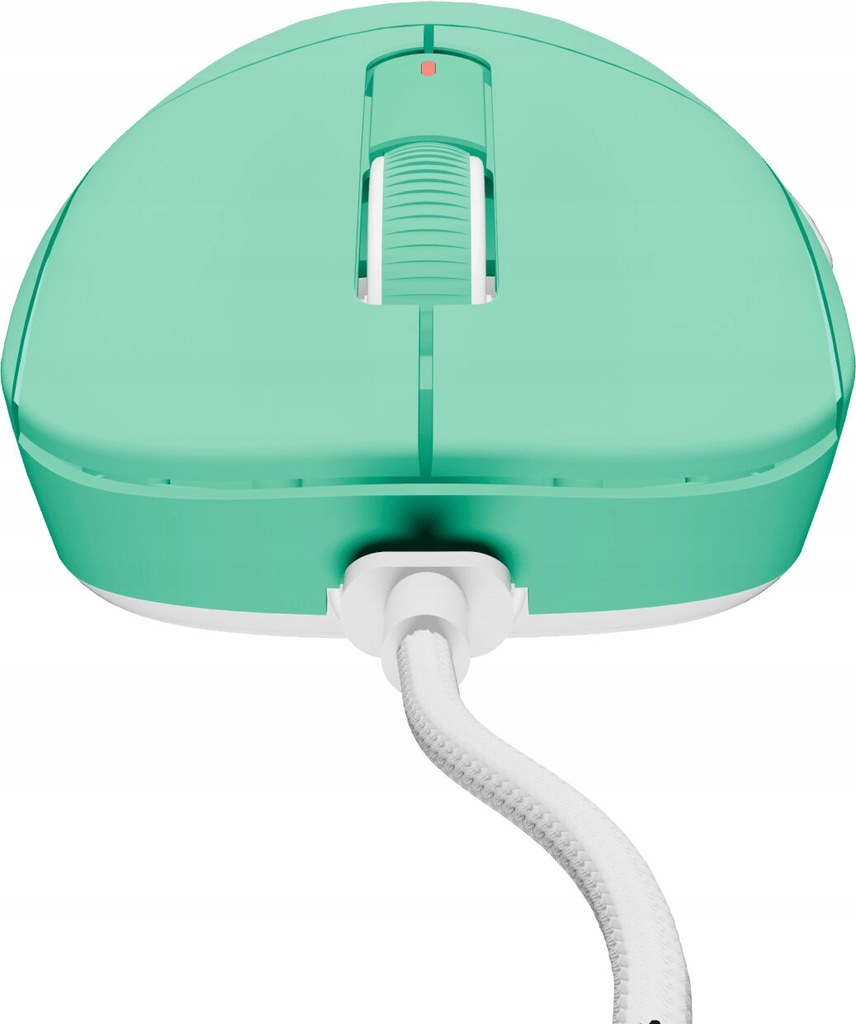 Miętowa przewodowa mysz do gier, widok z góry. Przyciski, kółko i kabel.