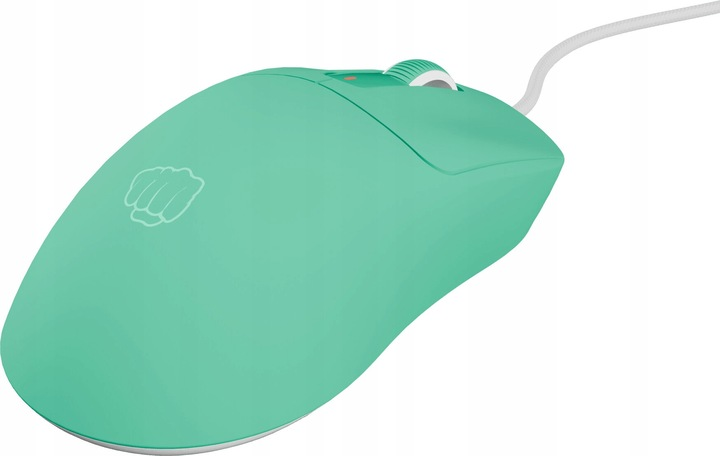 Miętowa przewodowa mysz do gier. Widok z boku z przyciskami, kółkiem i logo.