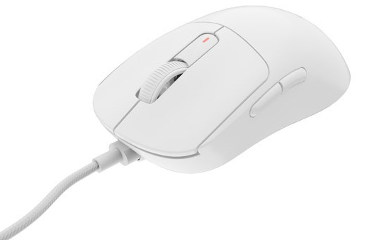 Biała przewodowa mysz do gier, widok z boku. Przyciski, kółko i czerwone światło.