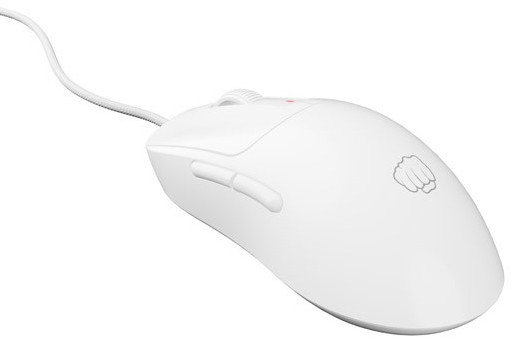 Biała przewodowa mysz do gier, widok z boku. Przyciski, kółko i logo pięści.