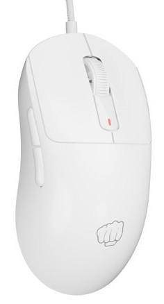 Biała przewodowa mysz do gier. Przyciski, kółko i logo pięści.