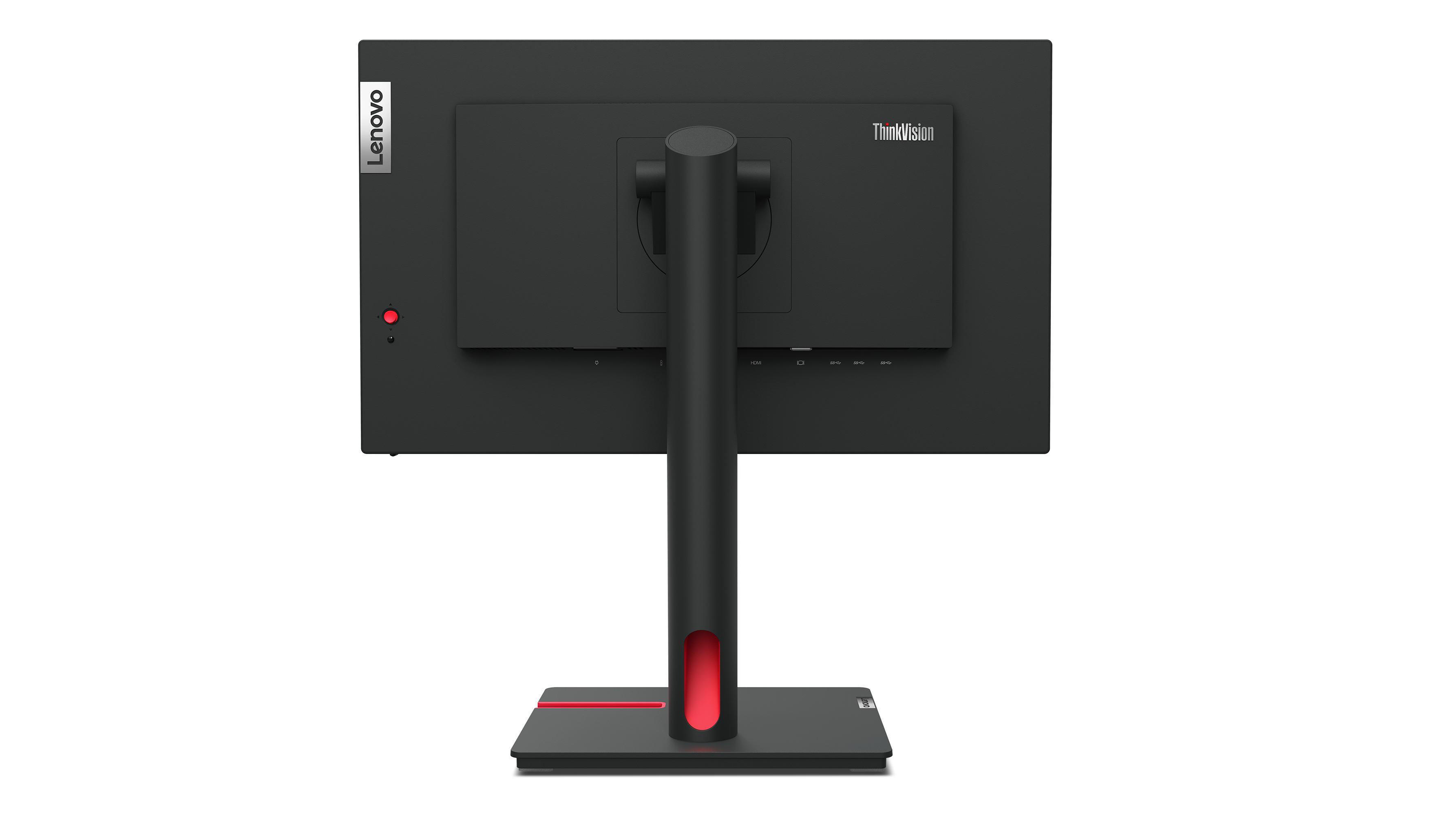 Rückseite eines schwarzen Monitors mit rotem Akzent. Lenovo-Logo links. ThinkVision-Logo rechts.