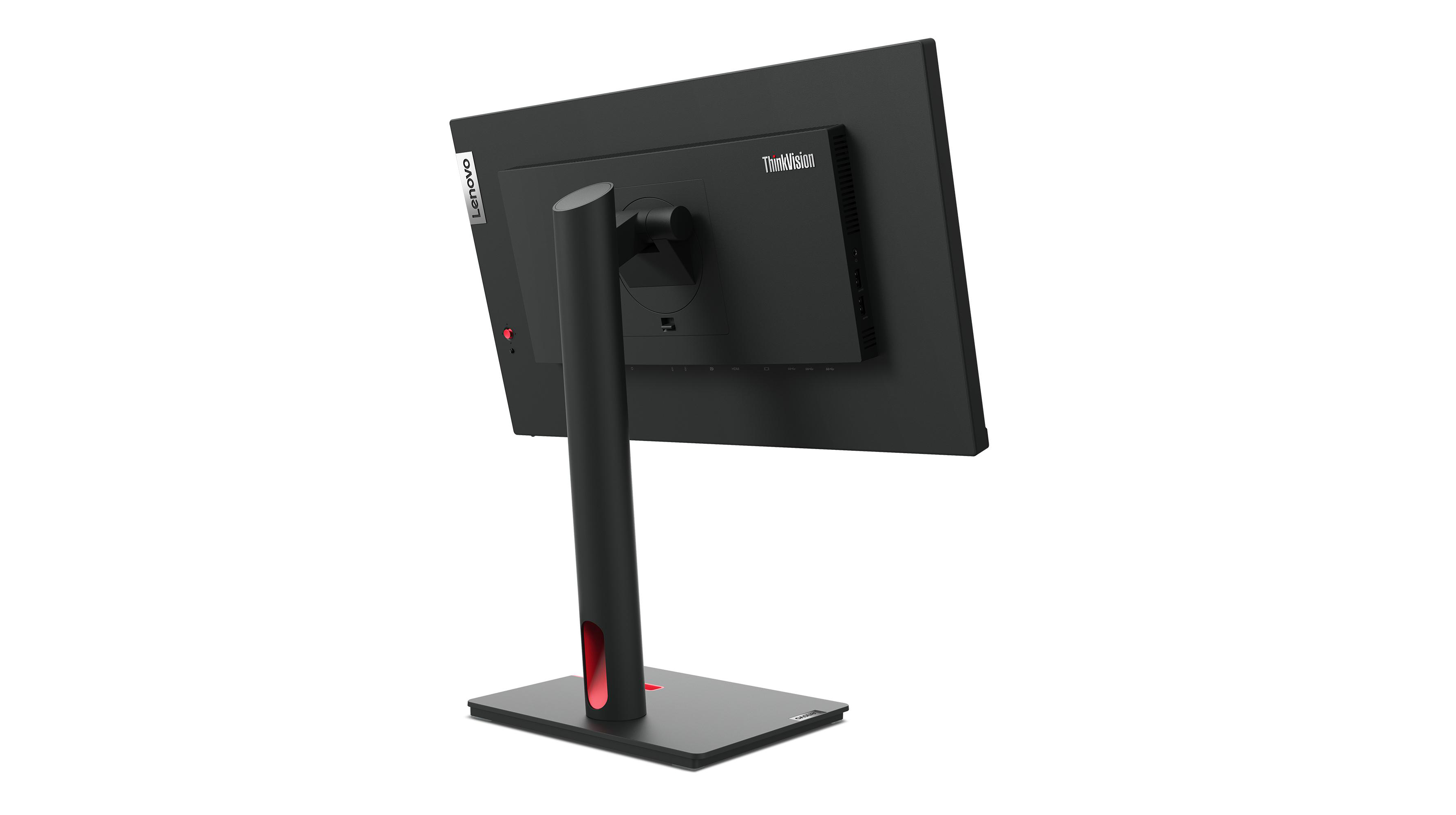 Schwarzer Monitor von hinten und schräg. Roter Akzent am Fuß. ThinkVision-Logo sichtbar.