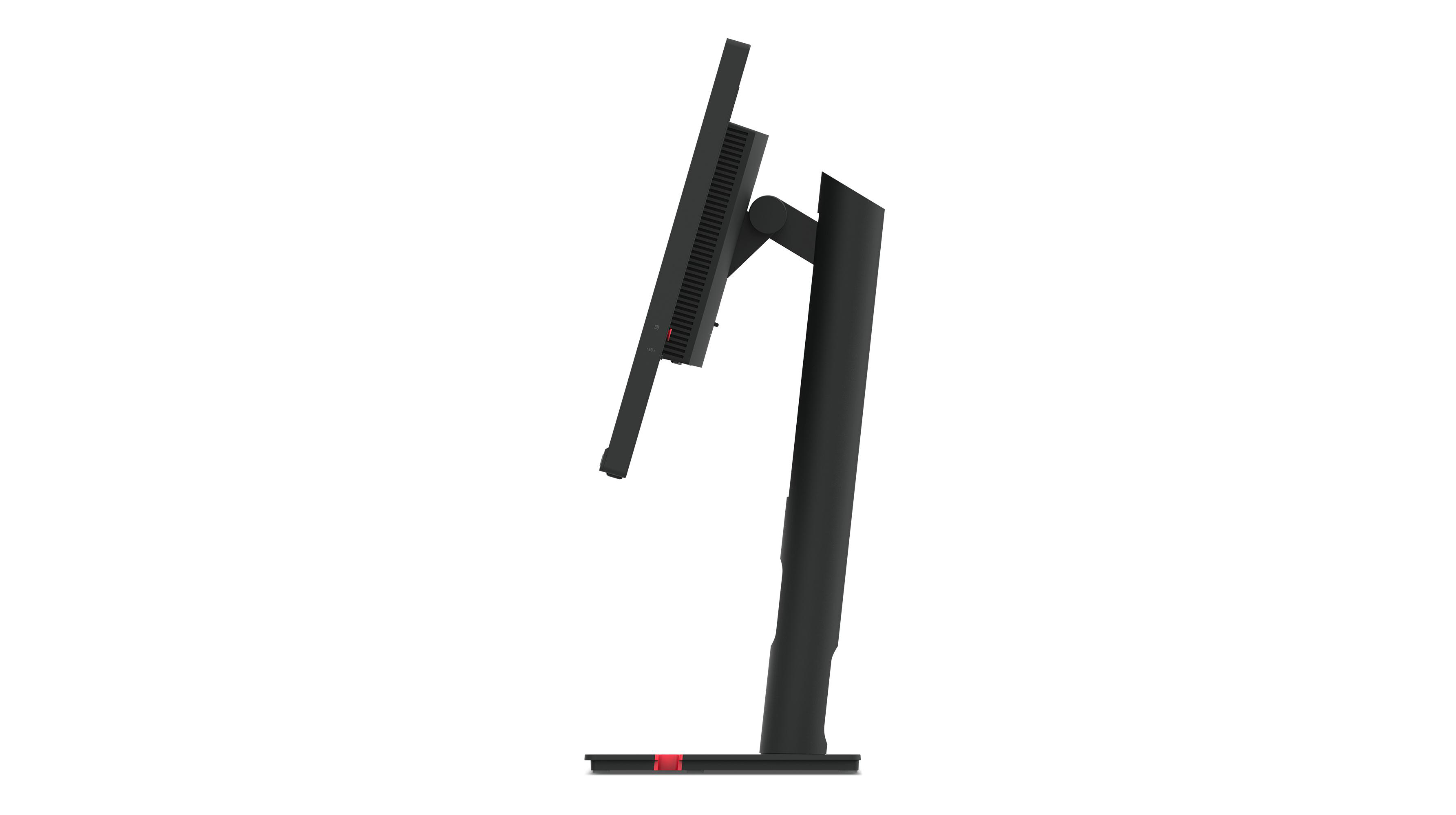 Seitenansicht eines schwarzen Monitors. Roter Akzent am Fuß. ThinkVision-Logo. Schmaler Rahmen.