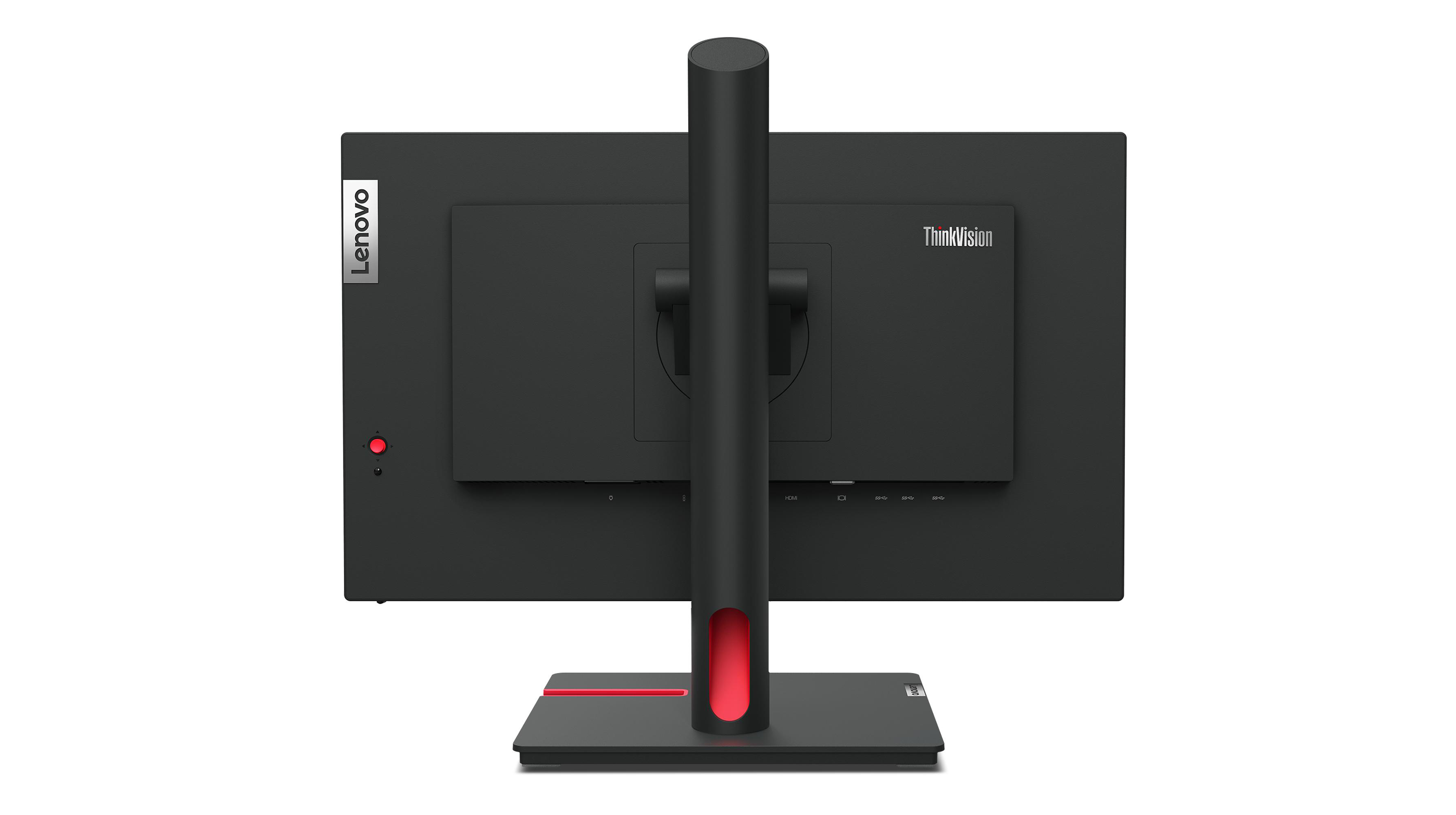 Rückseite eines schwarzen Monitors mit rotem Akzent. Lenovo-Logo links. ThinkVision-Logo rechts.