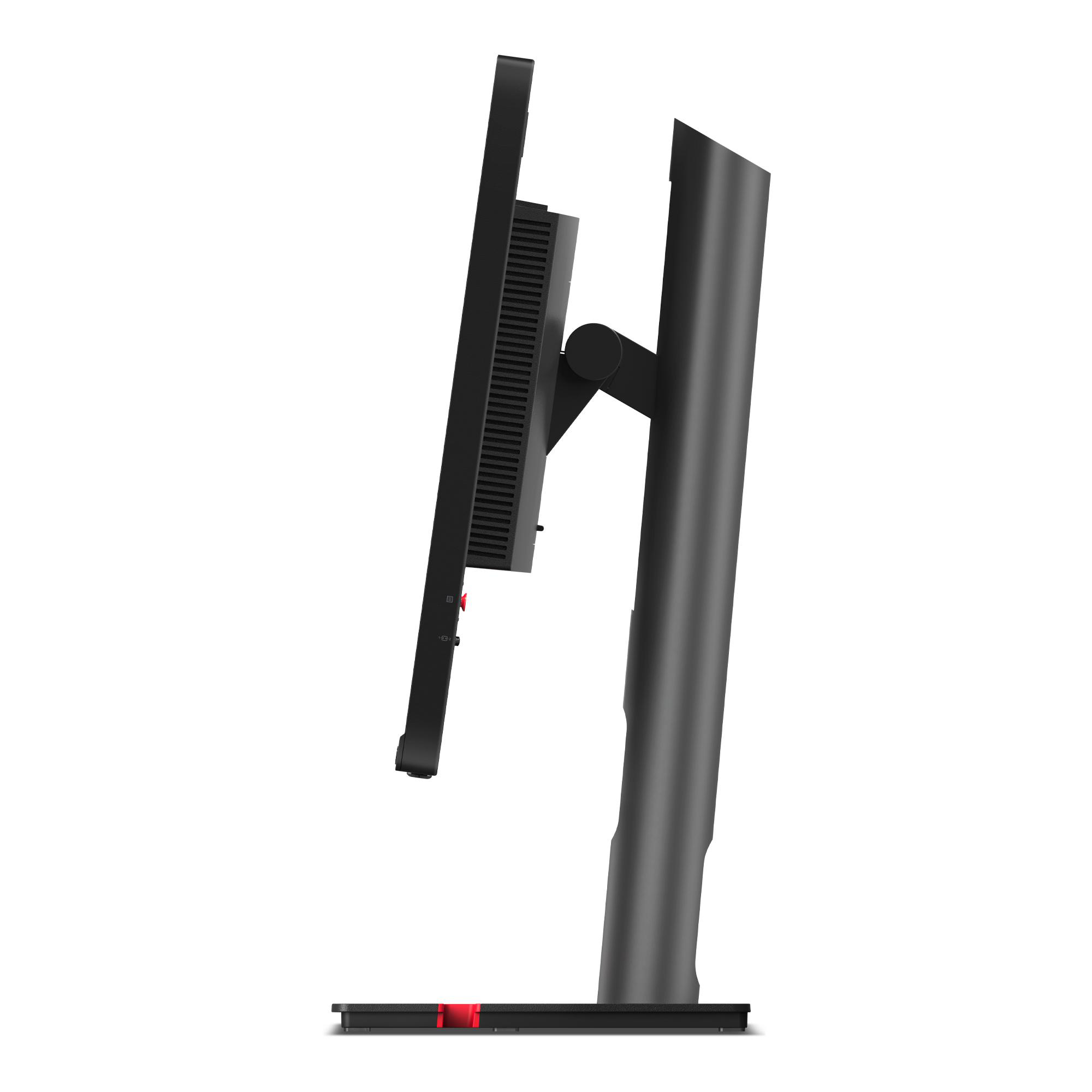 Seitenansicht eines schwarzen Monitors. Roter Akzent am Fuß. ThinkVision-Logo. Schmaler Rahmen.