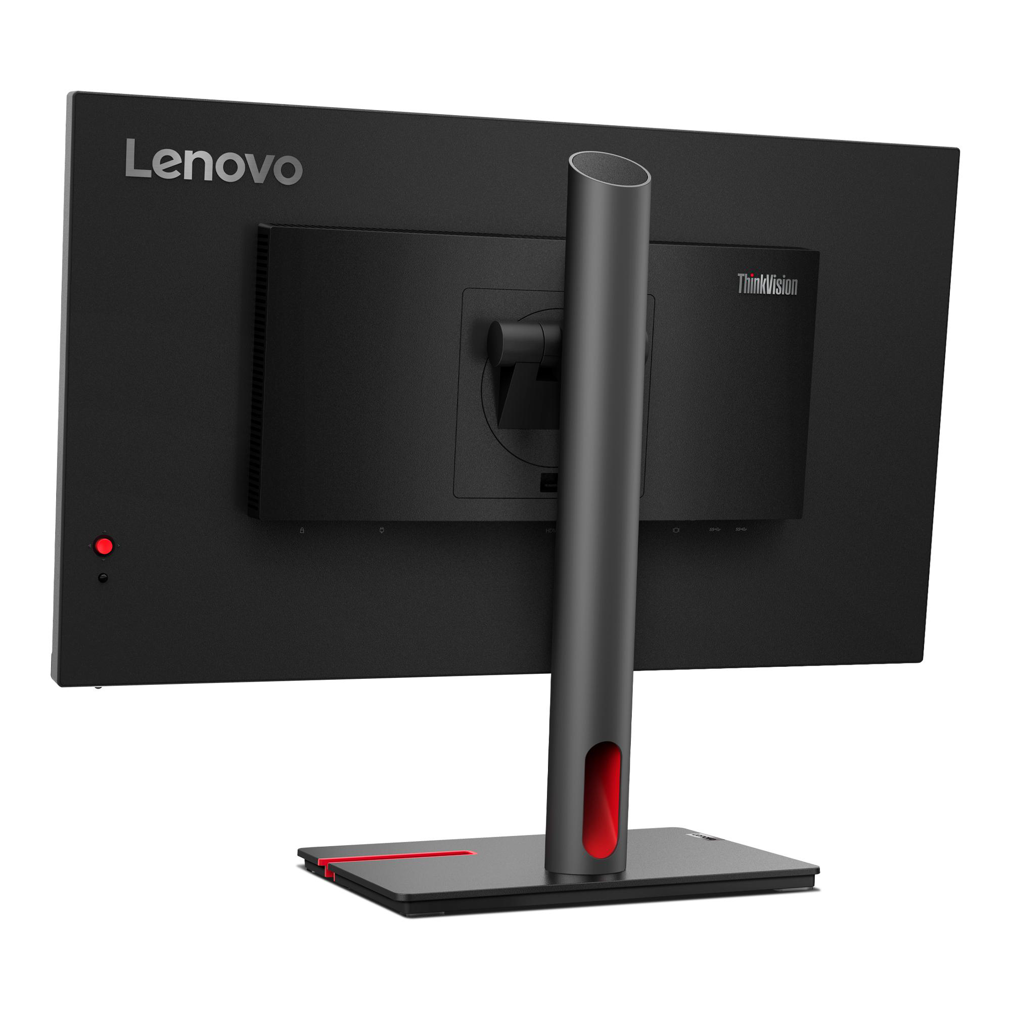 Rückseite eines schwarzen Monitors mit rotem Akzent. Lenovo-Logo links. ThinkVision-Logo rechts.
