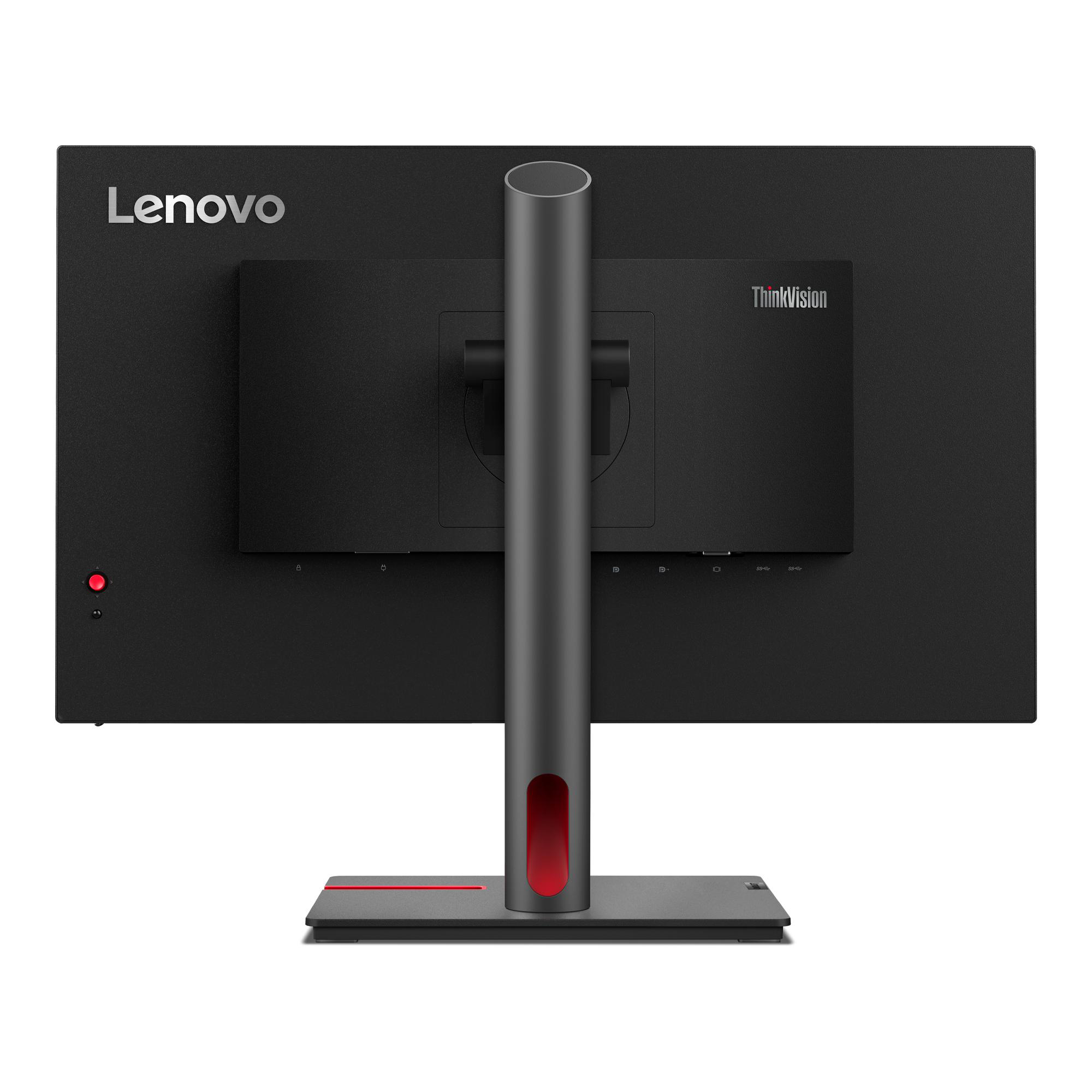 Rückseite eines schwarzen Lenovo-Monitors mit ThinkVision-Logo. Roter Akzent am Ständer. Anschlüsse und Logo.