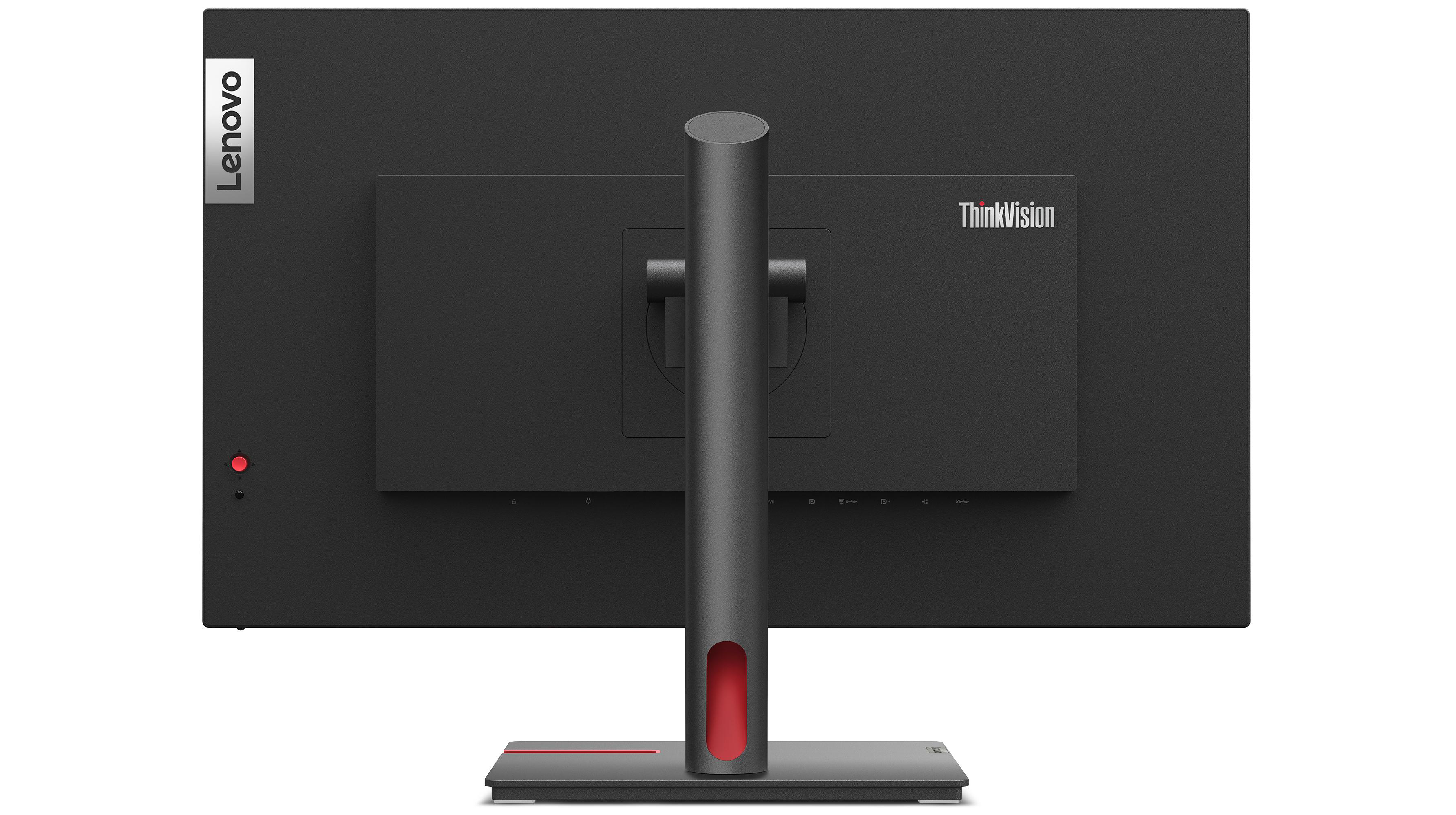 Rückseite eines schwarzen Lenovo ThinkVision Monitors. ThinkVision Logo und Anschlüsse. Roter Akzent am Ständer.