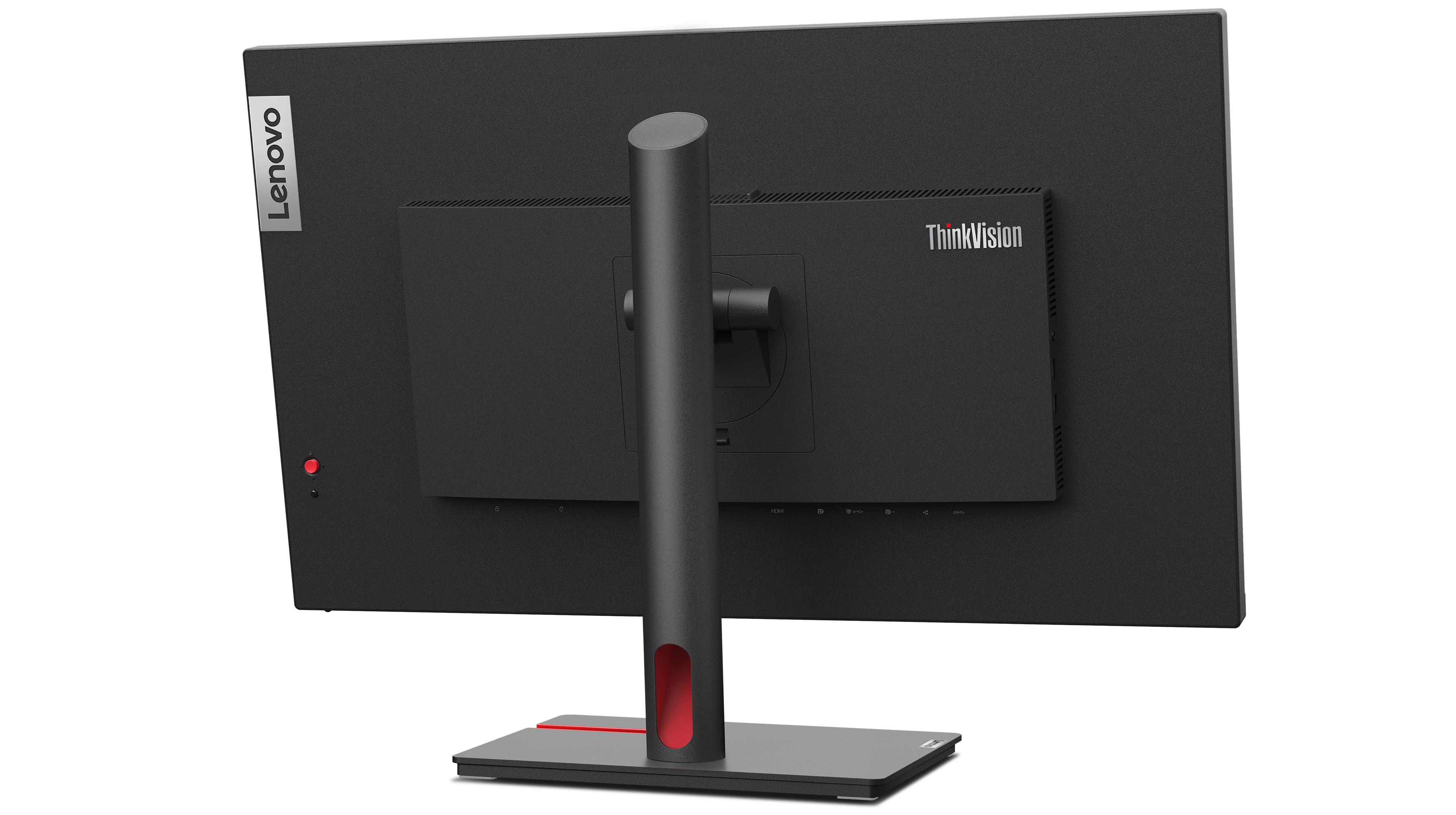 Rückansicht des schwarzen Lenovo ThinkVision Monitors. ThinkVision Logo und Anschlüsse. Roter Akzent am Ständer.
