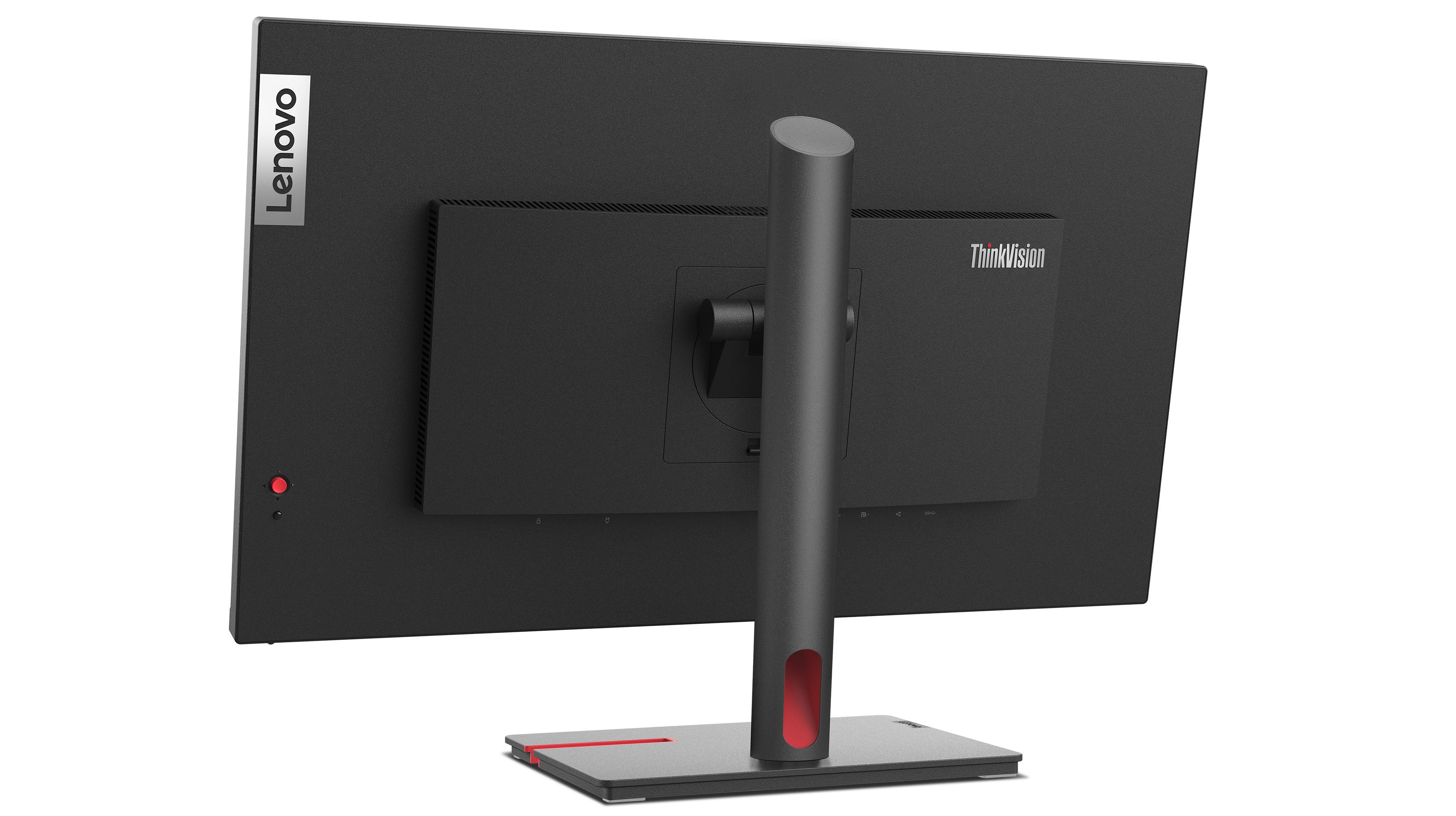 Rückansicht des schwarzen Lenovo ThinkVision Monitors. ThinkVision Logo und Anschlüsse. Roter Akzent am Ständer.