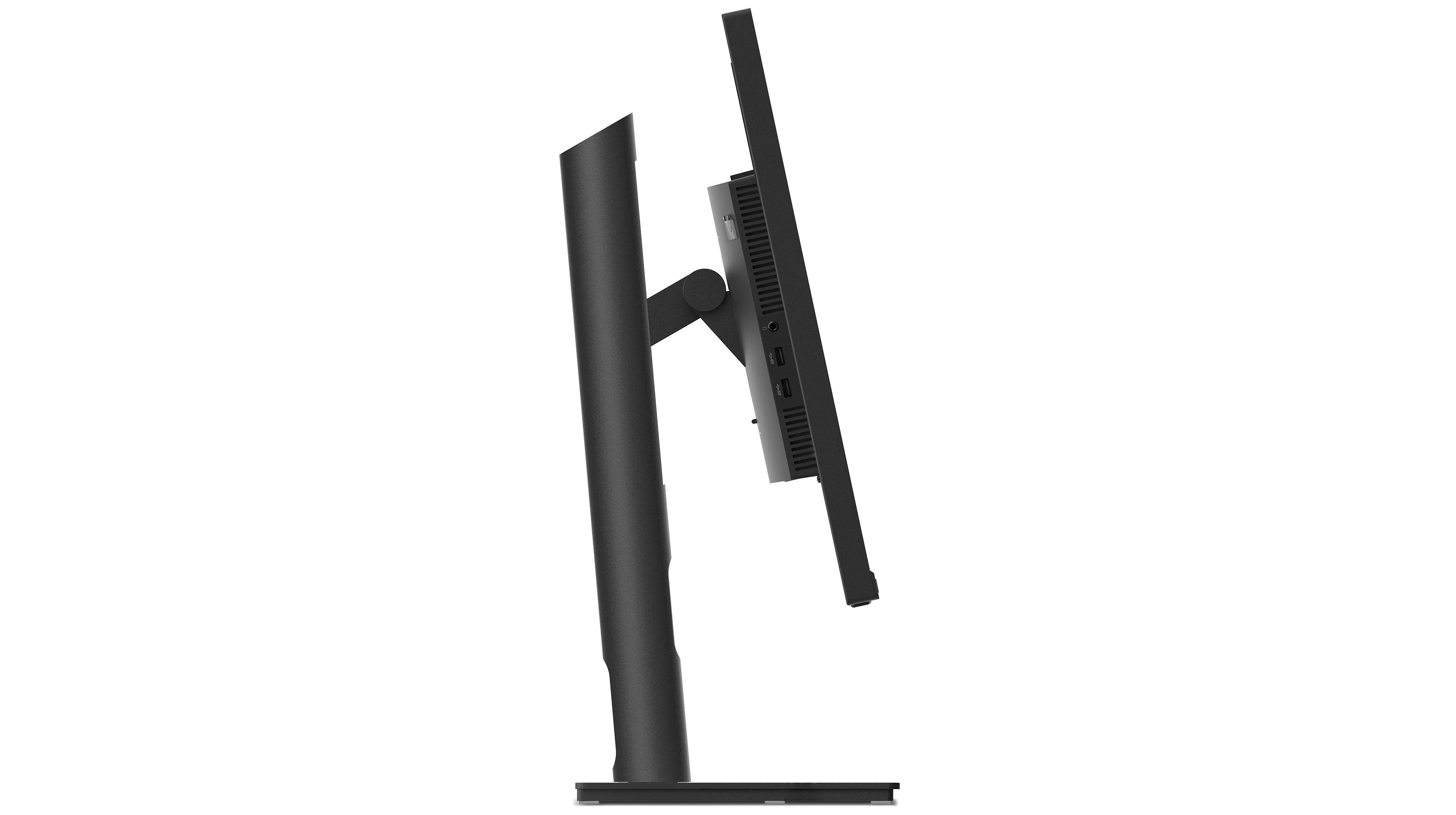 Seitenansicht eines schwarzen Lenovo ThinkVision Monitors. Schlanker Ständer. Roter Akzent am Fuß.