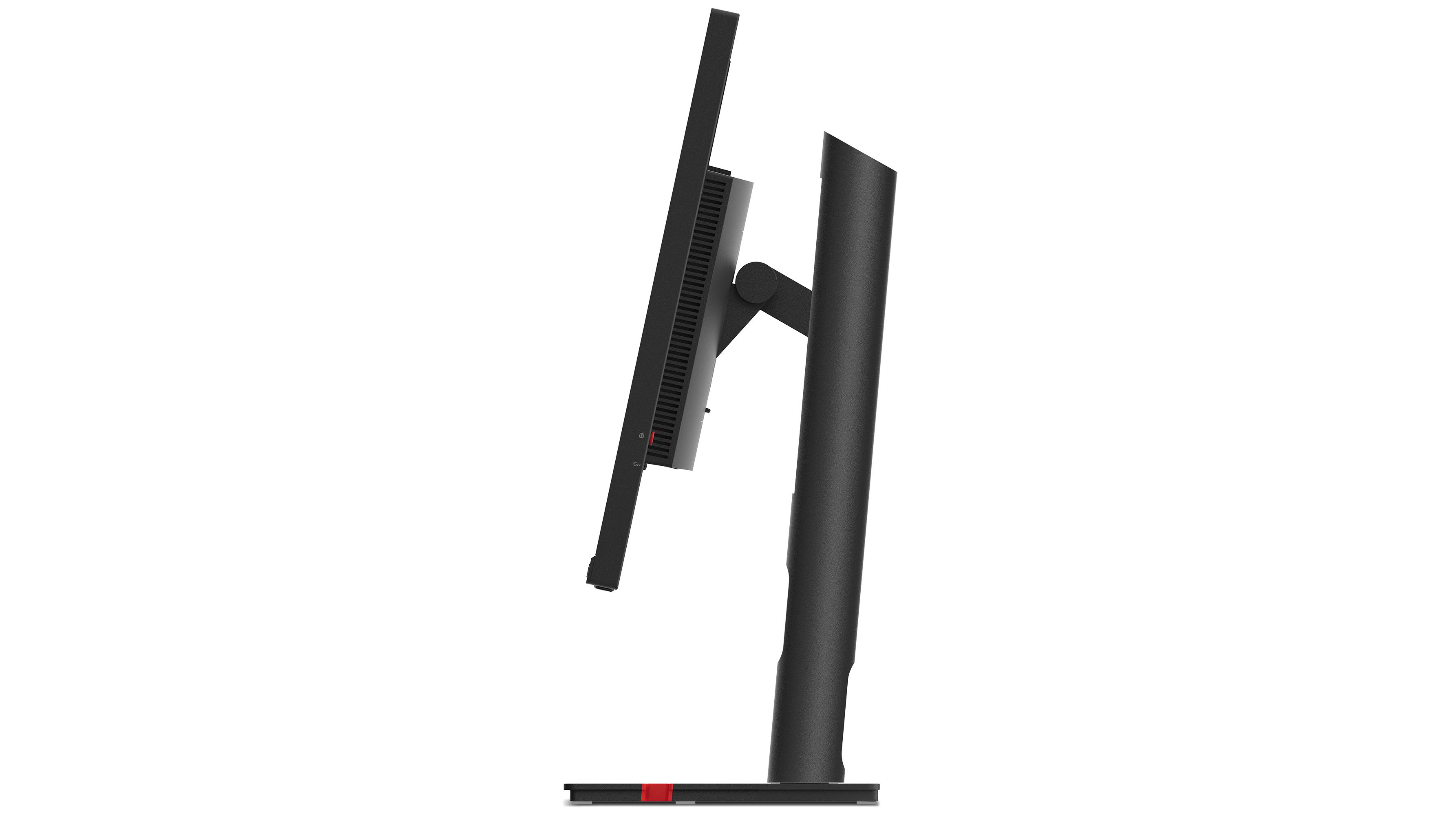 Seitenansicht eines schwarzen Lenovo ThinkVision Monitors. Schlanker Ständer. Roter Akzent am Fuß.