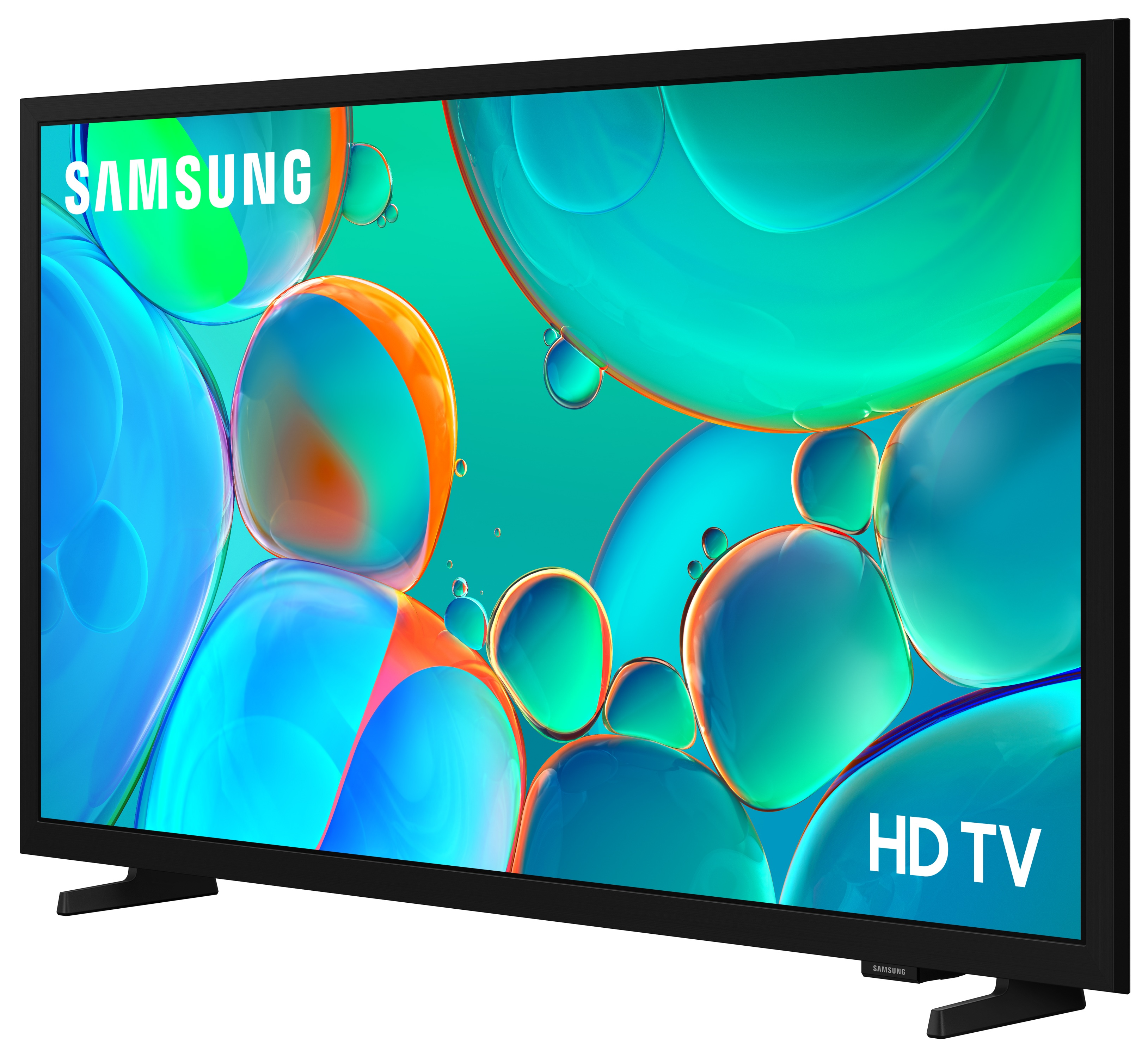 Zbliżenie z boku czarnego telewizora z żebrowaną tylną konstrukcją i podstawą. Białe tło.