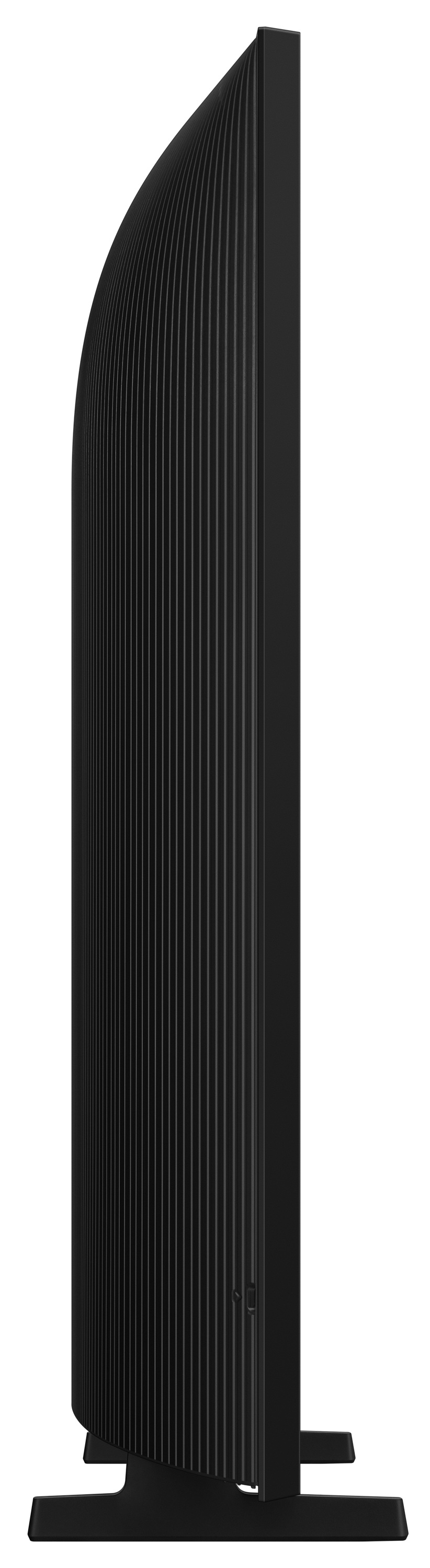 Czarny telewizor oglądany z lekkiego kąta, wyświetlający kolorowy abstrakcyjny obraz. Słowo SAMSUNG jest widoczne.