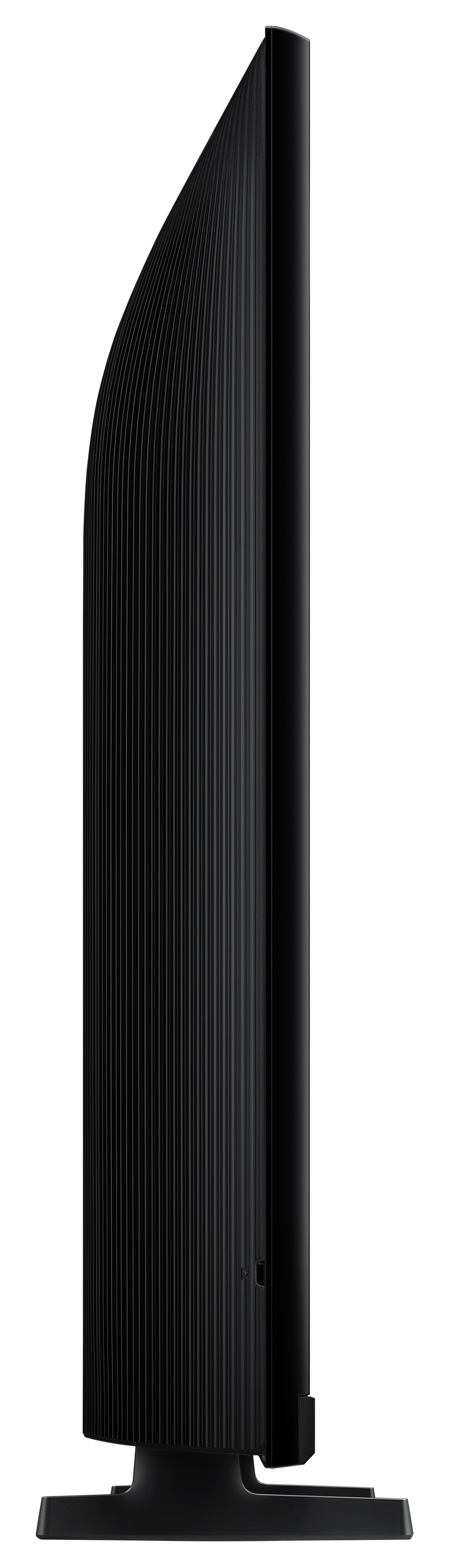 Widok z boku czarnego telewizora Samsung z żebrowanym tyłem.