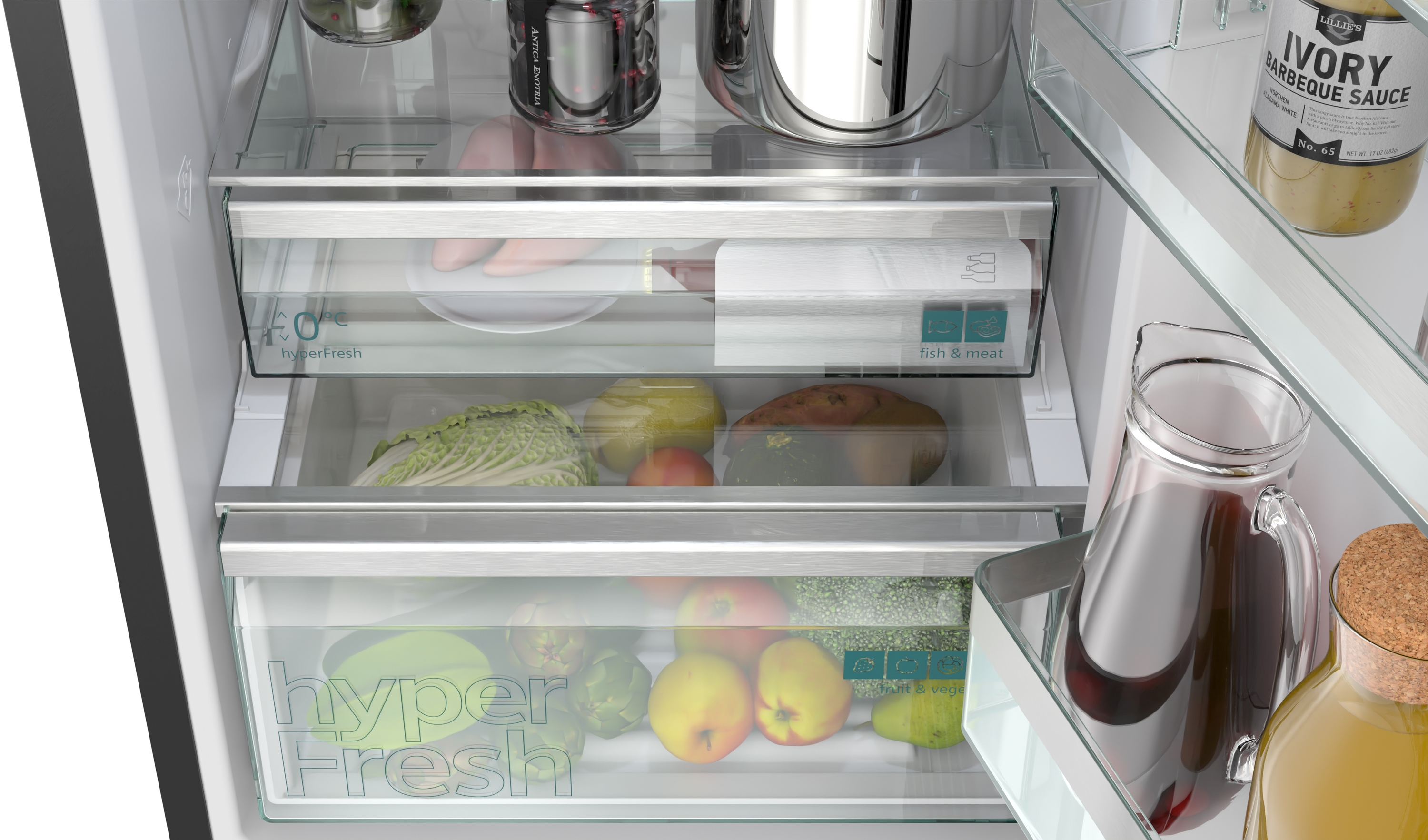 Ein Kühlschrank-Bedienfeld mit Temperaturanzeigen und Funktionen wie "Super Freeze".