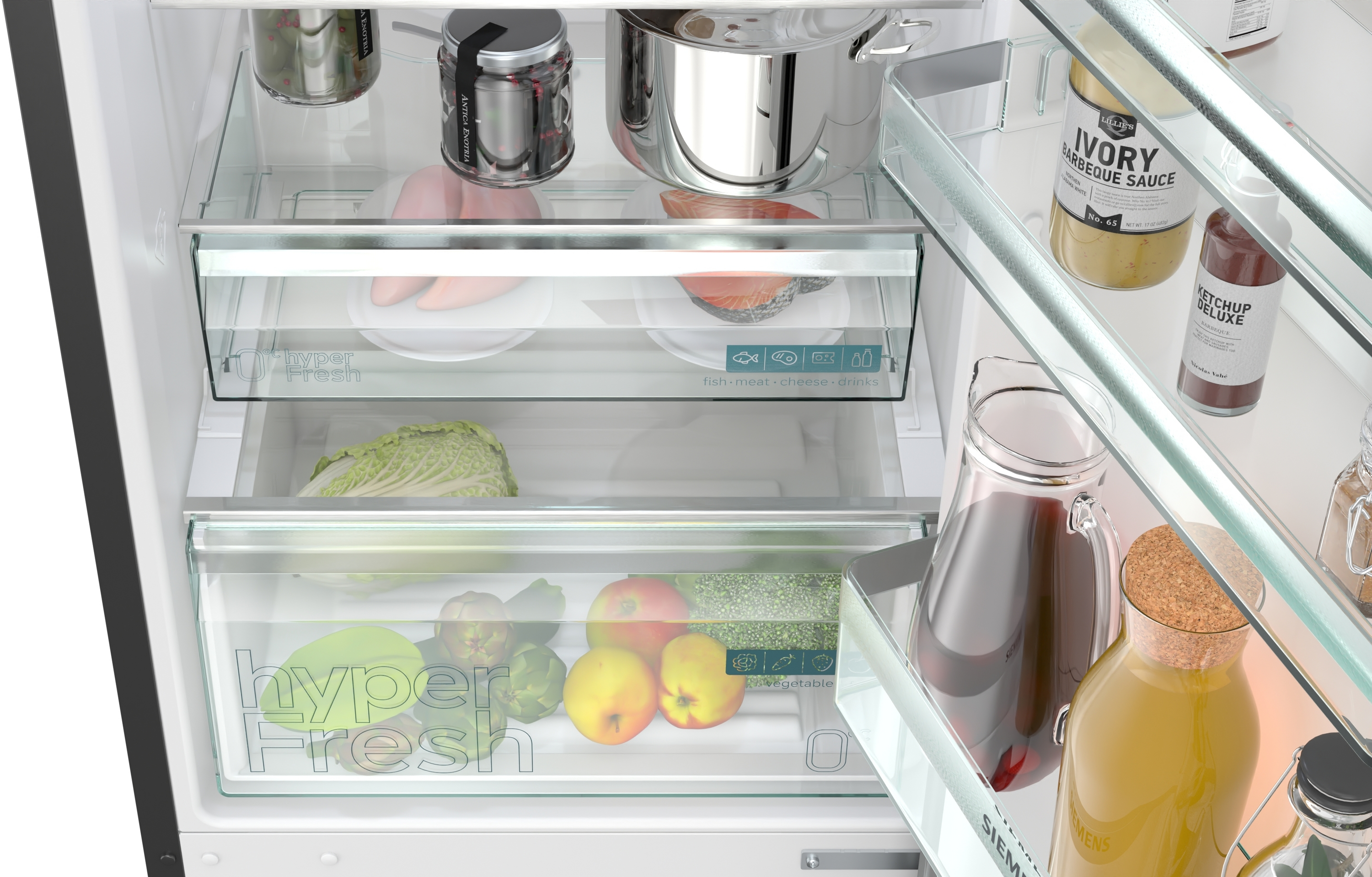Kühlschrank mit Lebensmitteln: Fisch, Fleisch, Gemüse, Obst, Saucen und Getränke. Glasregale mit HyperFresh-Schubladen.