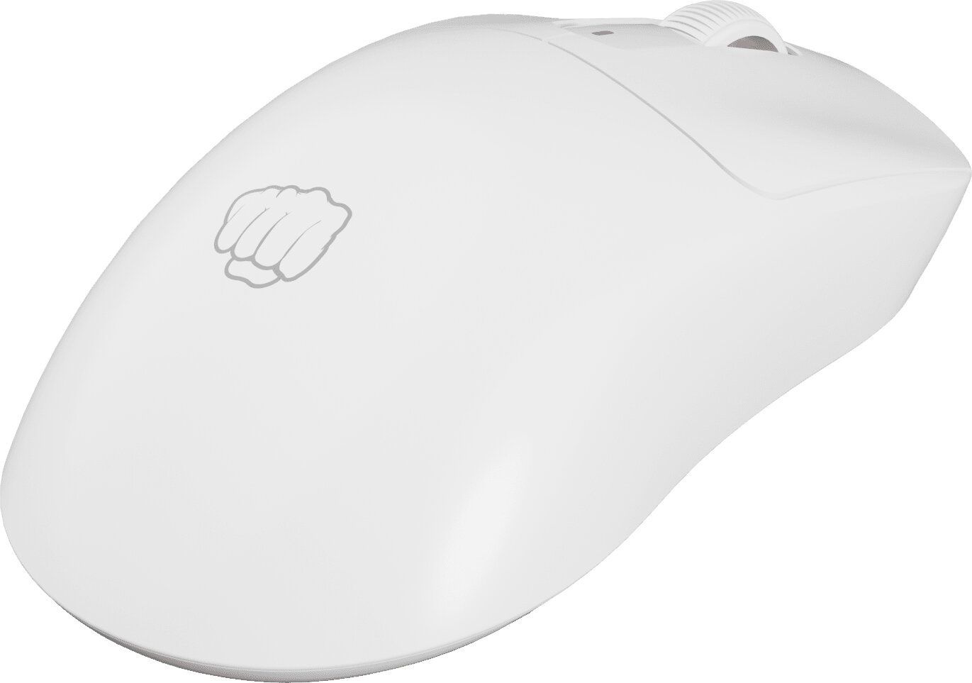 Turkusowa mysz z przyciskami i kółkiem przewijania. Szare logo pięści znajduje się na dole.