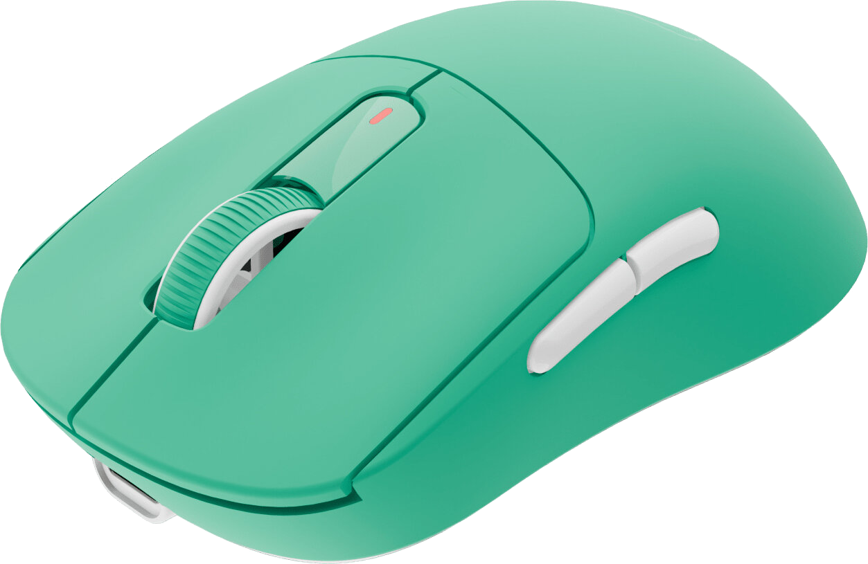 Turkusowa mysz bezprzewodowa z białym kółkiem przewijania i bocznymi przyciskami na białym tle.