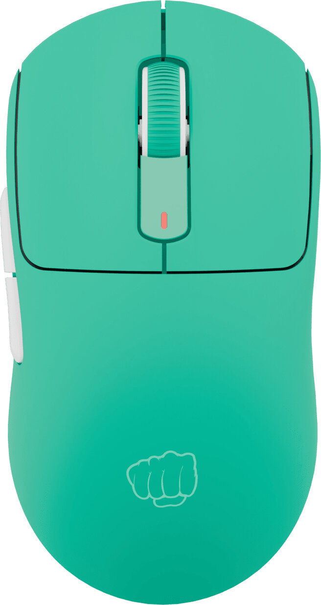 Turkusowa mysz z przyciskami i kółkiem przewijania. Szare logo pięści znajduje się z boku.
