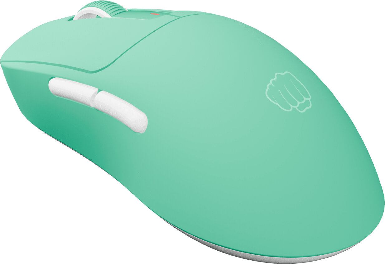 Turkusowa mysz z przyciskami i kółkiem przewijania. Szare logo pięści znajduje się z boku.