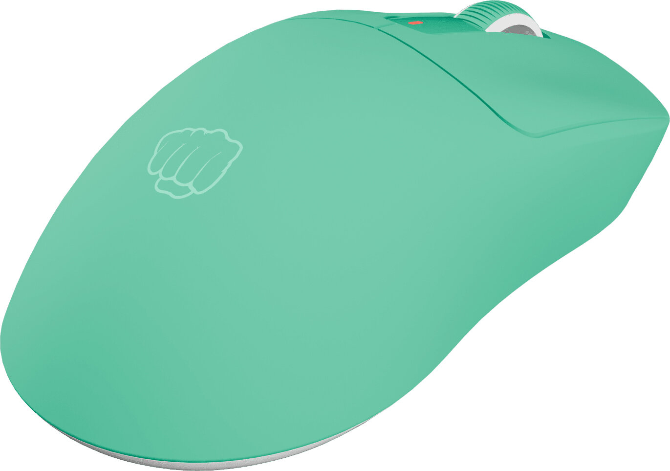 Turkusowa mysz bezprzewodowa z logo pięści po lewej stronie. Ma kółko przewijania i dwa przyciski.