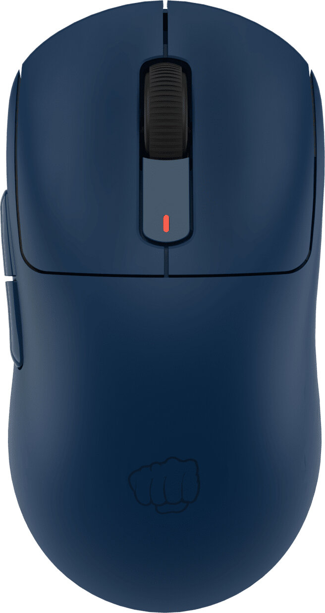 Granatowa mysz bezprzewodowa, widok z góry. Ma kółko przewijania, czerwony wskaźnik i logo pięści.