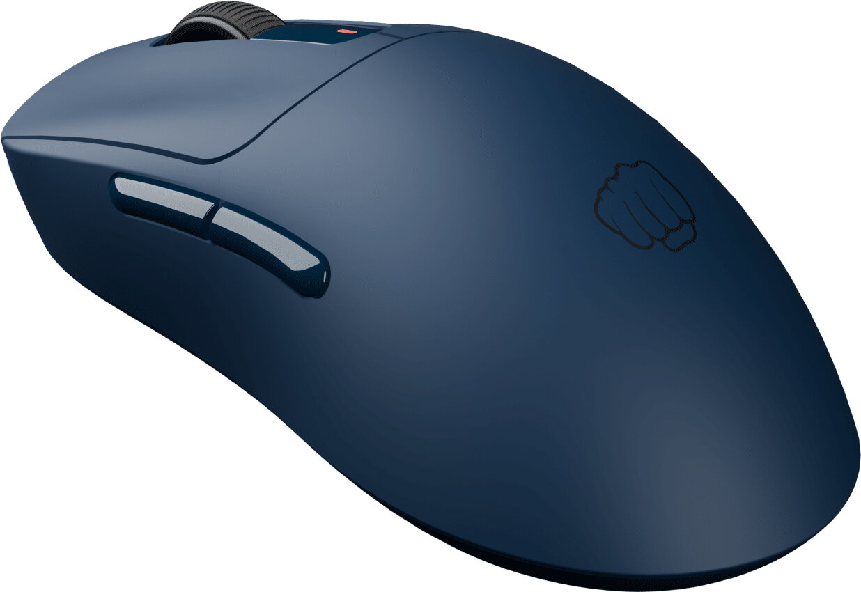 Granatowa mysz bezprzewodowa. Ma kółko przewijania, dwa przyciski i logo pięści po prawej stronie.