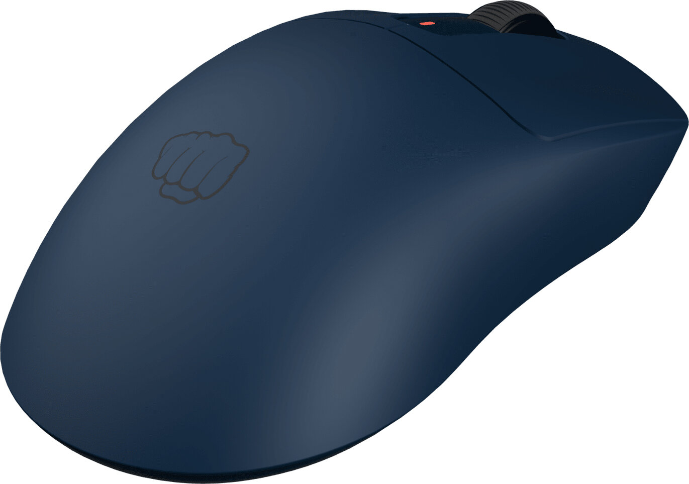 Ciemnoniebieska mysz komputerowa z logo i kółkiem przewijania.