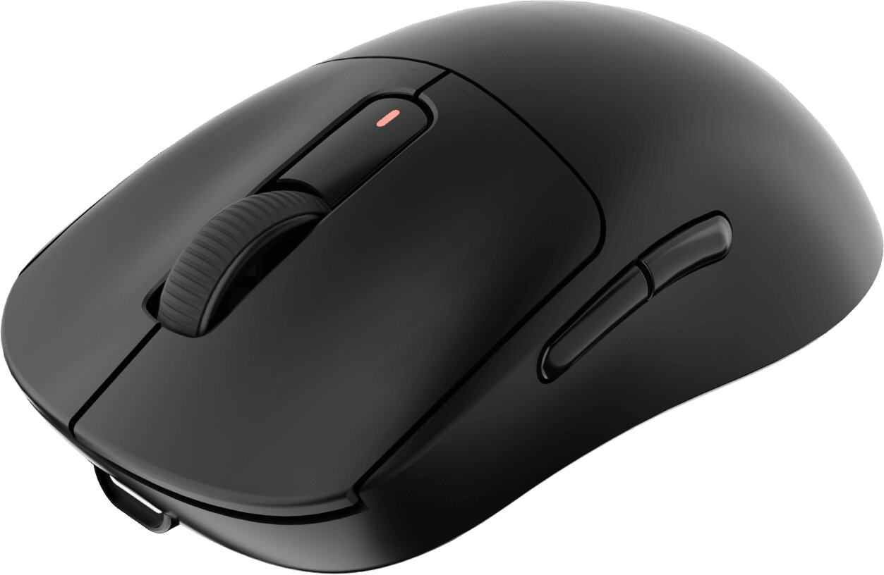 Czarna mysz bezprzewodowa z kółkiem przewijania i bocznymi przyciskami.