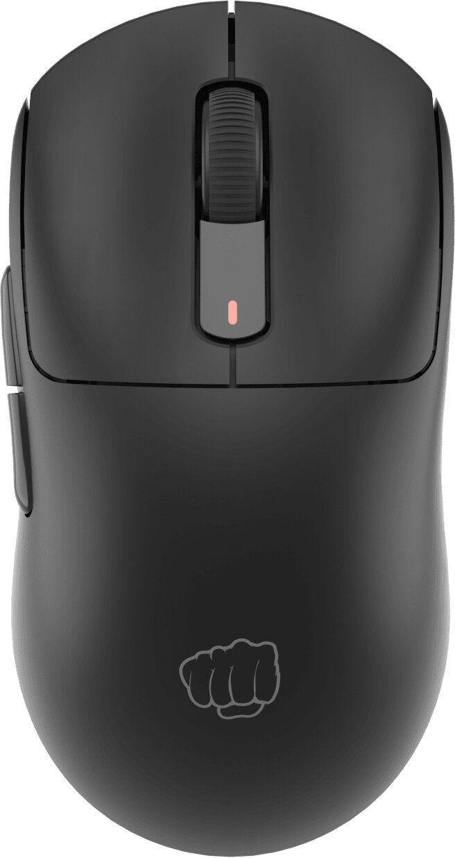 Widok z góry czarnej myszy z kółkiem przewijania i bocznymi przyciskami.