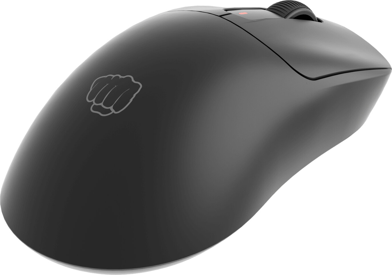 Czarna mysz z kółkiem przewijania i bocznymi przyciskami, widok pod kątem.