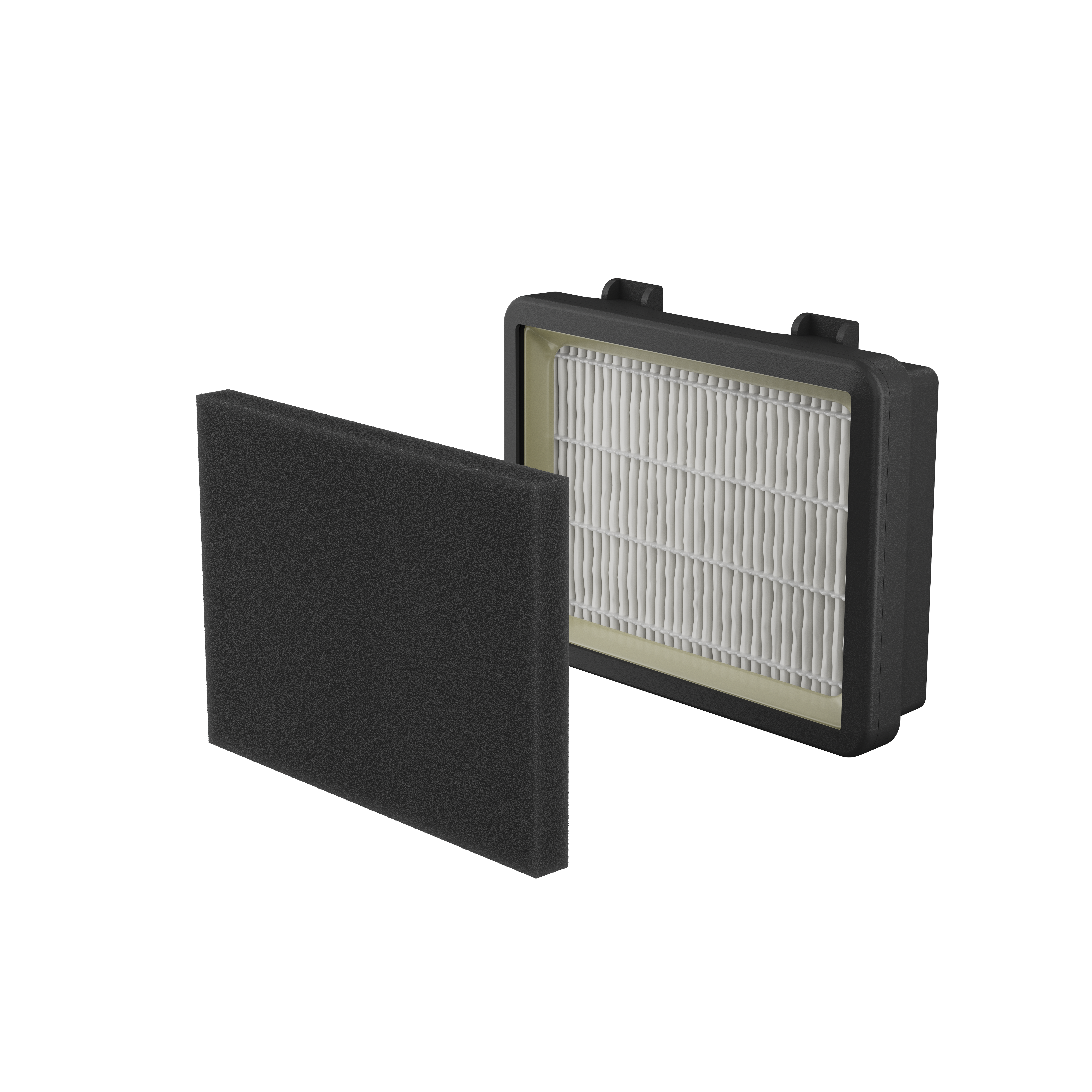 Luftfilter mit schwarzem Rahmen und weißem Filter, daneben ein schwarzer Schaumstoff.