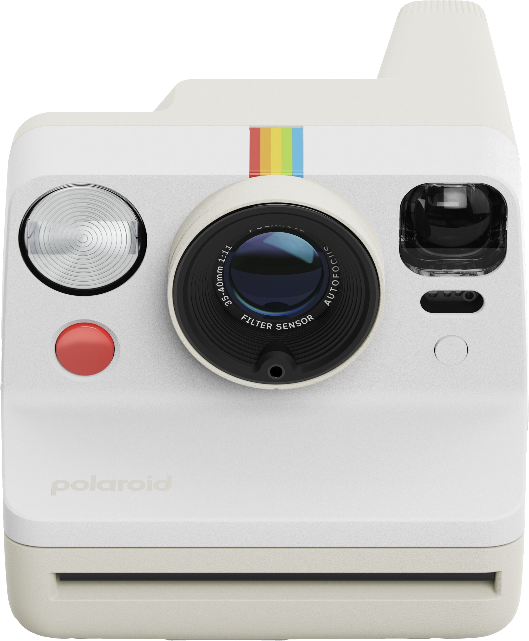 Biały aparat Polaroid z tęczowym paskiem, czerwonym przyciskiem i obiektywem.