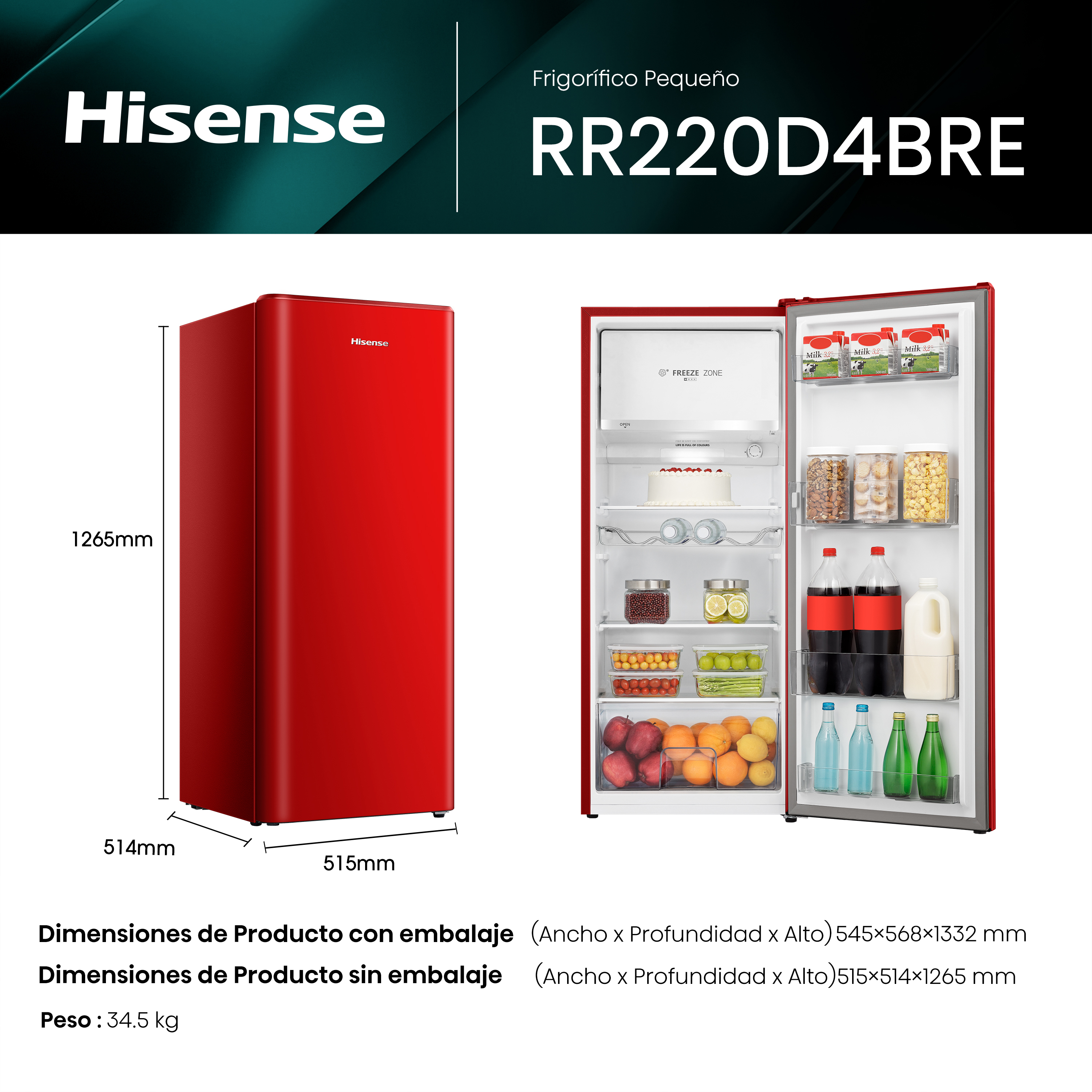 Nevera Hisense roja pequeña con puerta abierta y comida dentro.