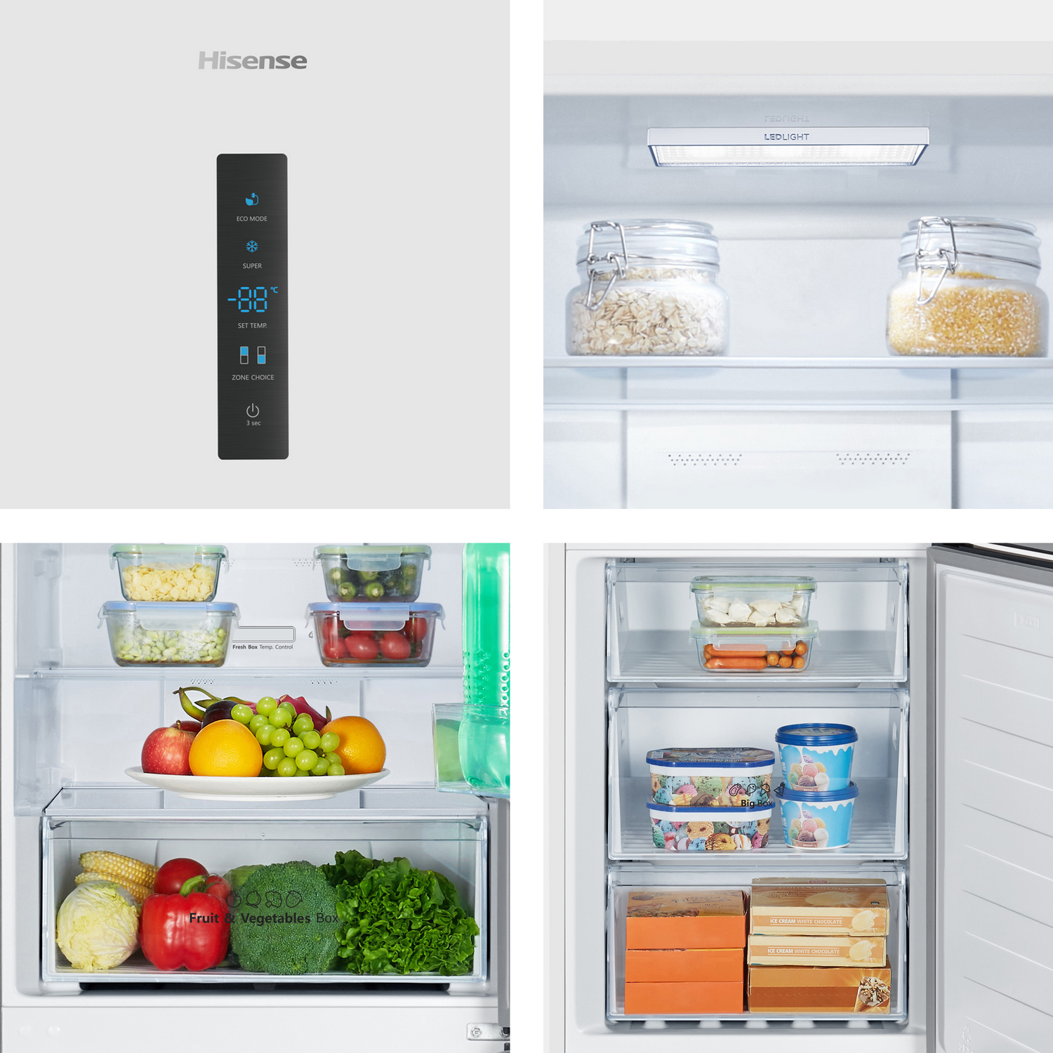 Interior de un frigorífico Hisense con estantes, cajones y alimentos como frutas, verduras y tarros.