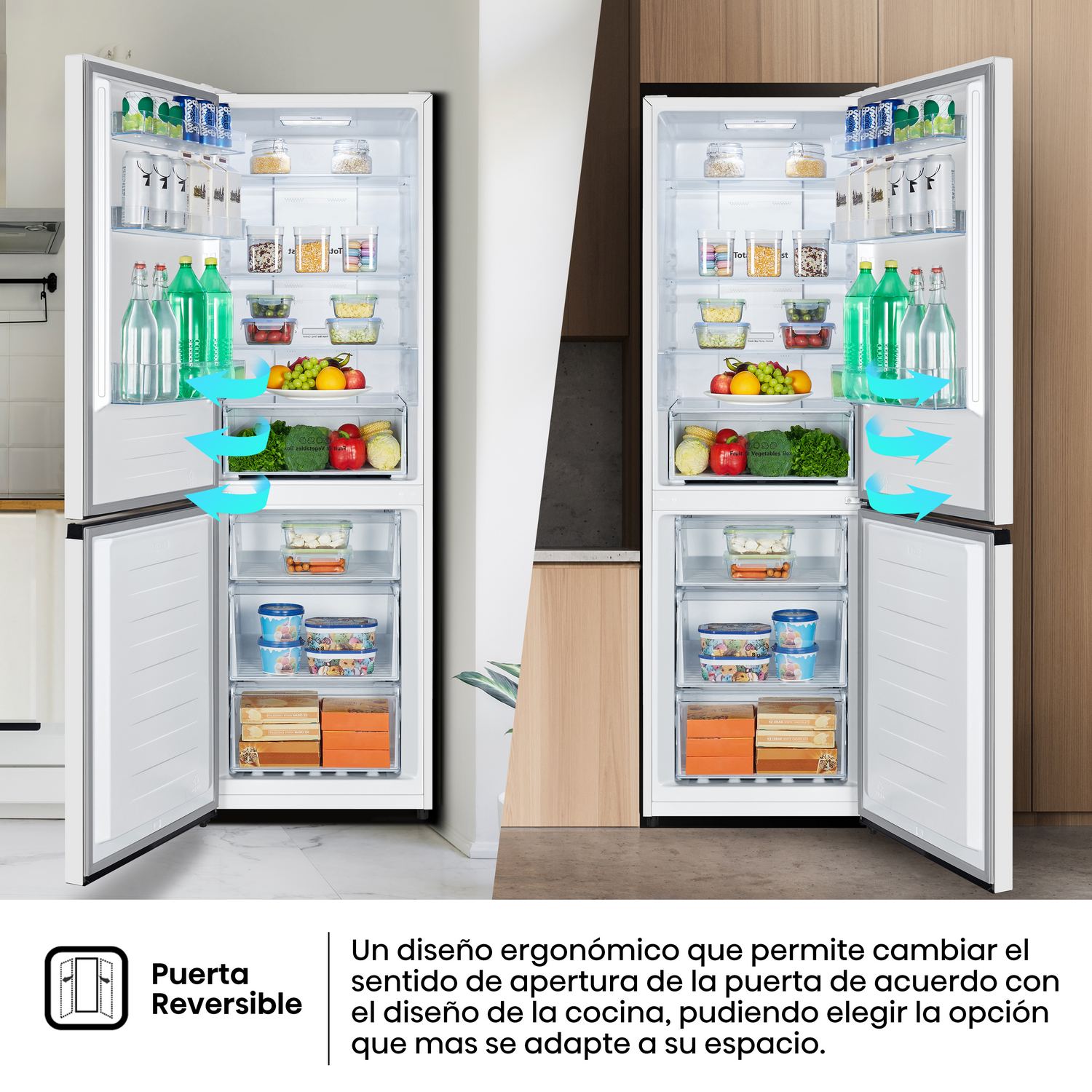 Dos frigoríficos abiertos mostrando el interior, con estantes, cajones y comida. Flechas indican flujo de aire.