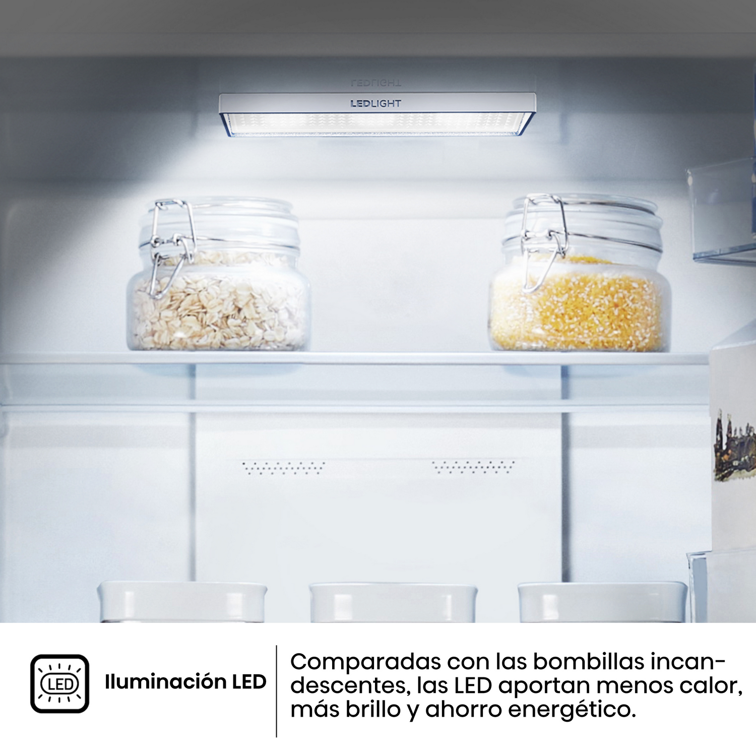 Dentro de un frigorífico, se ven tarros y luz LED. Texto describe los beneficios del LED en ahorro de energía.