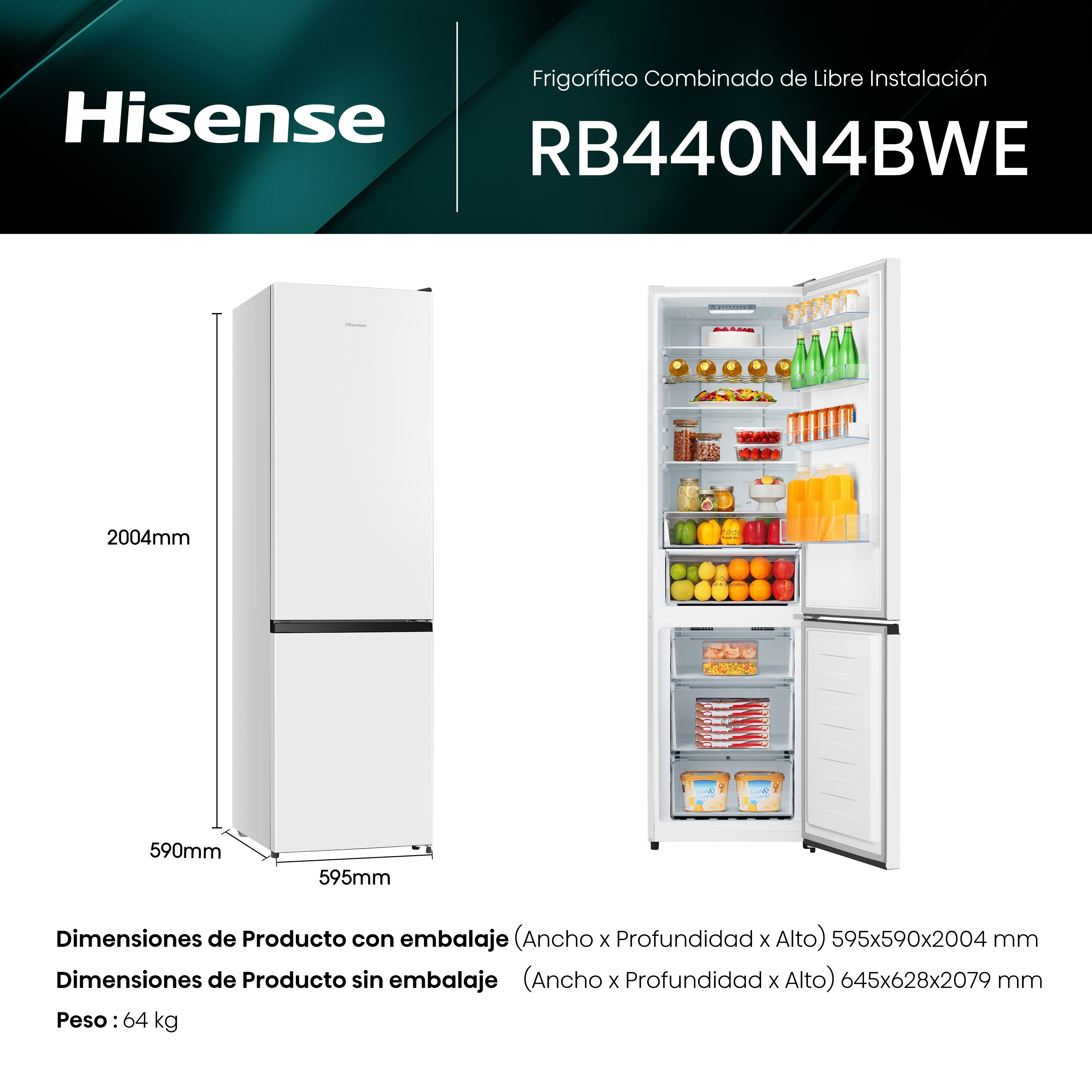 Frigorífico Hisense blanco, con medidas y vista interior. Muestra la puerta abierta y el contenido del frigorífico.