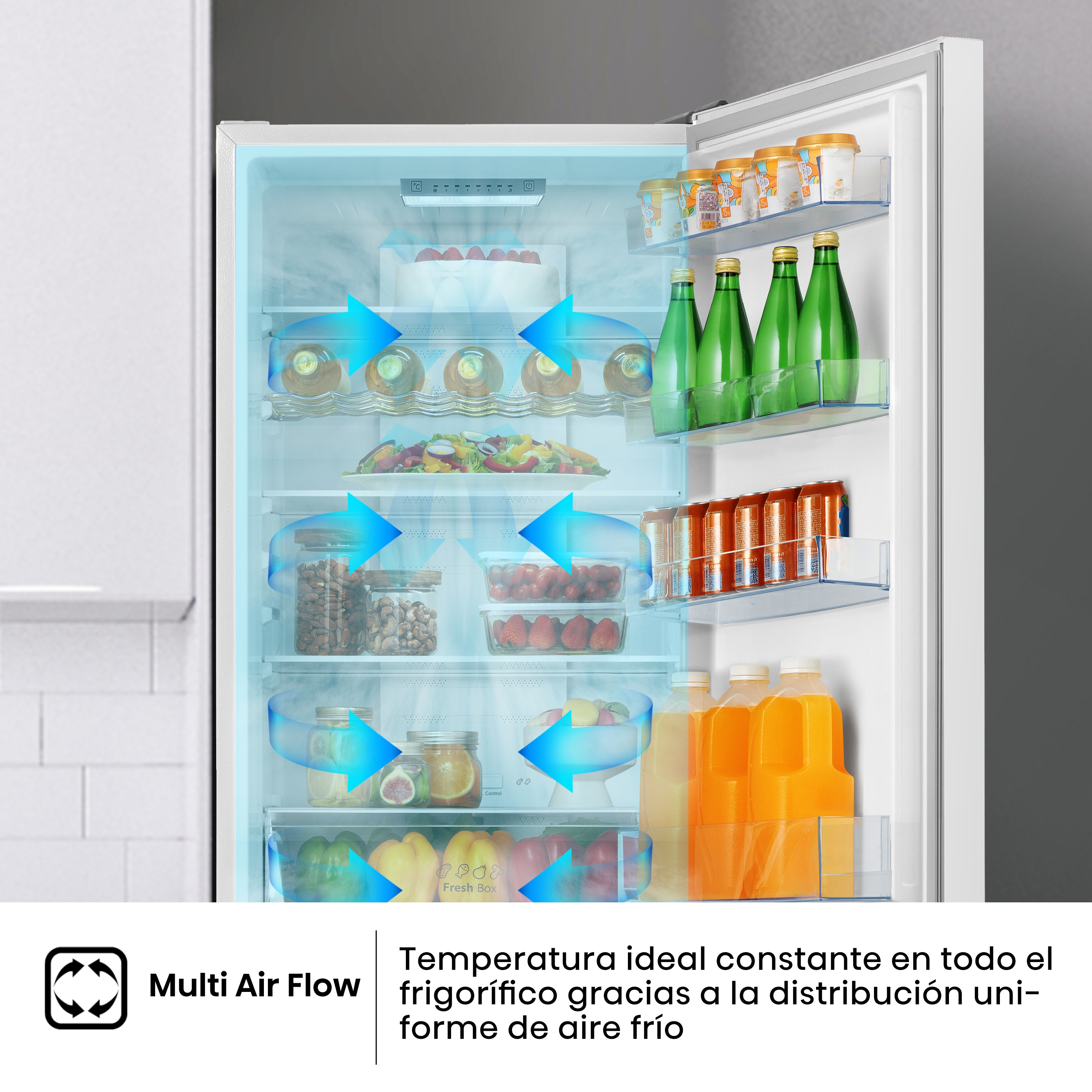 Interior de un refrigerador con alimentos, flechas que indican el flujo de aire y texto sobre el flujo de aire múltiple.