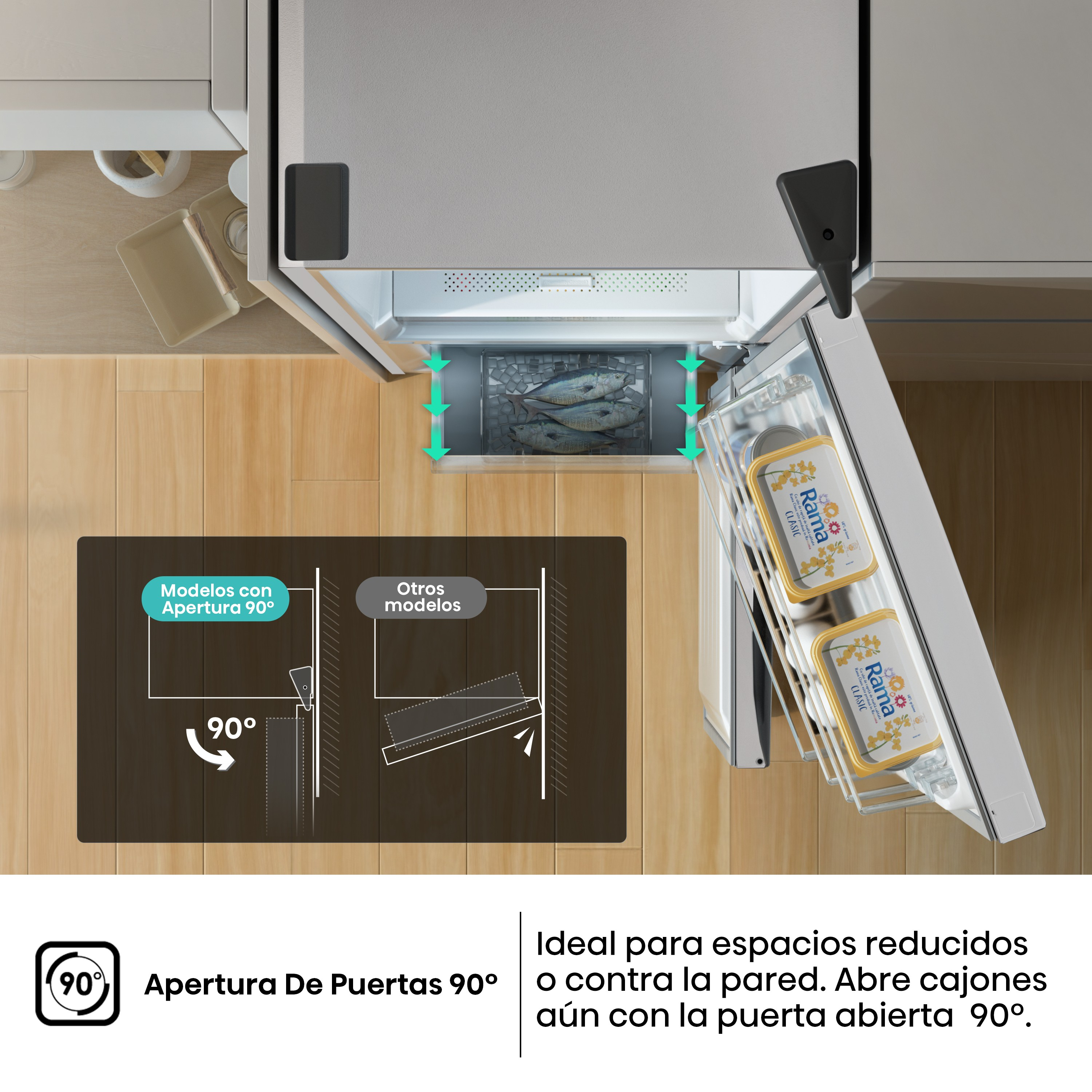 Refrigerador con la puerta abierta. Muestra cajones con alimentos y mantequilla. Texto sobre la apertura.