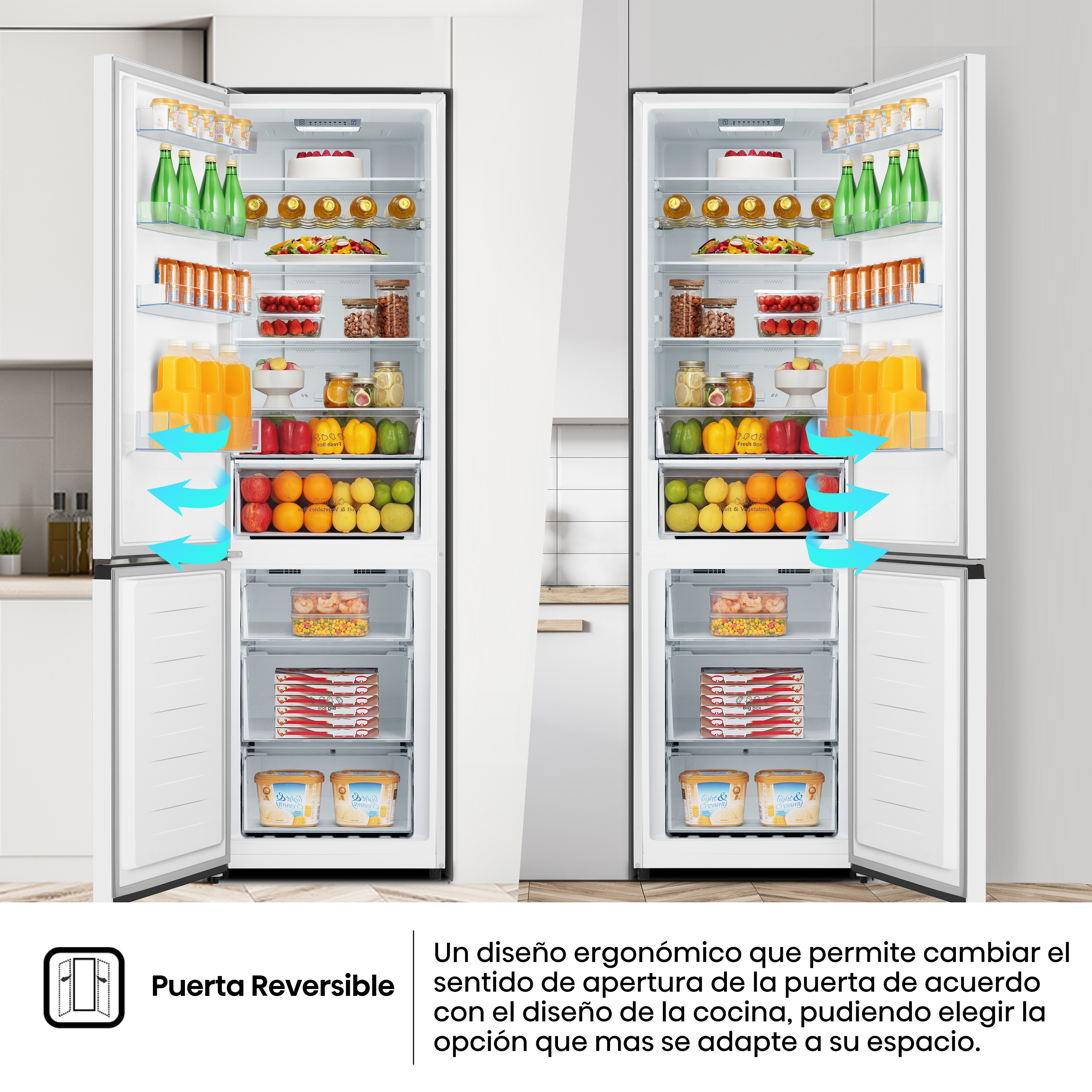 Un refrigerador con puertas abiertas, mostrando alimentos en estantes y cajones, con flechas de flujo de aire.