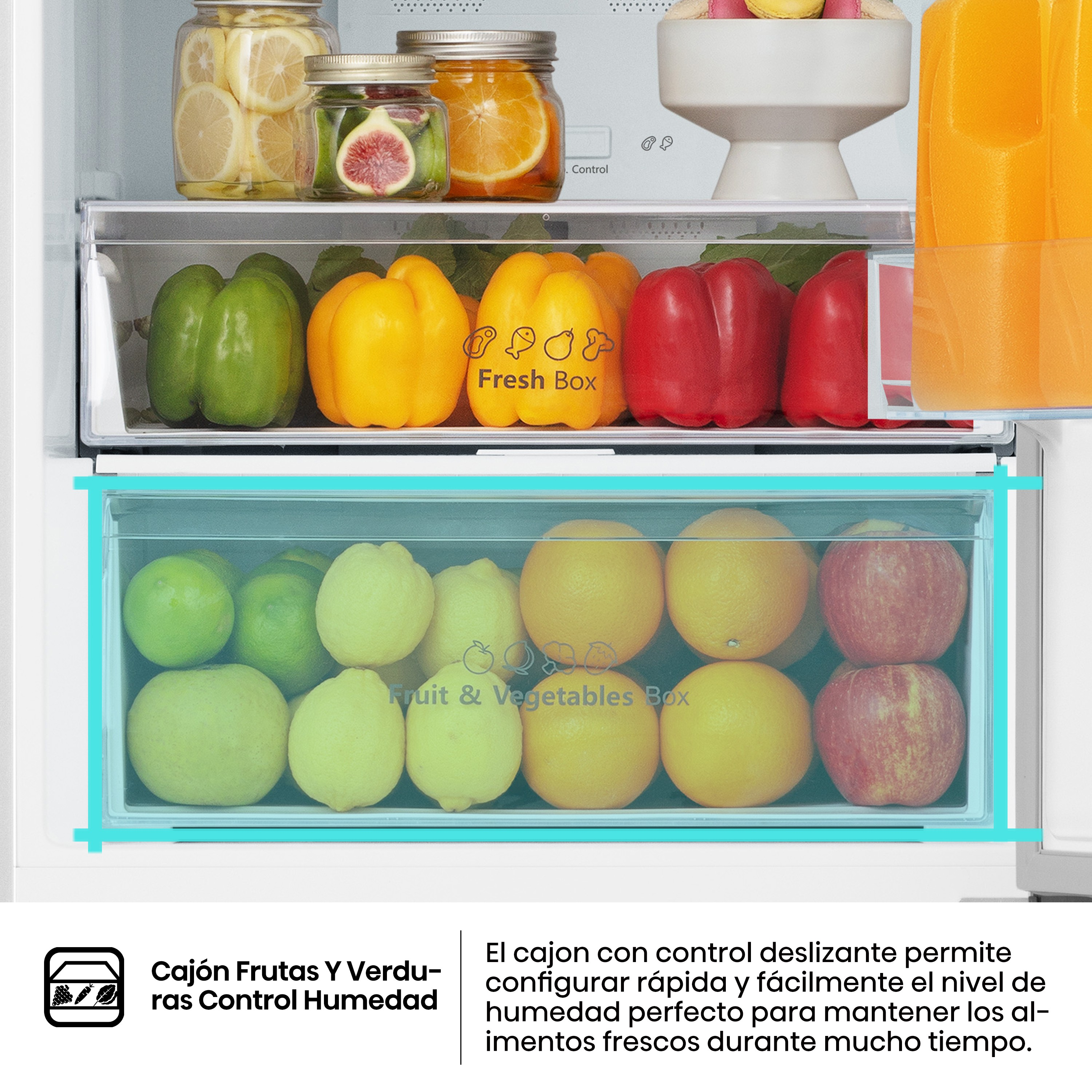 Dentro del frigorífico: cajones de frutas y verduras. Texto describe el control de humedad.
