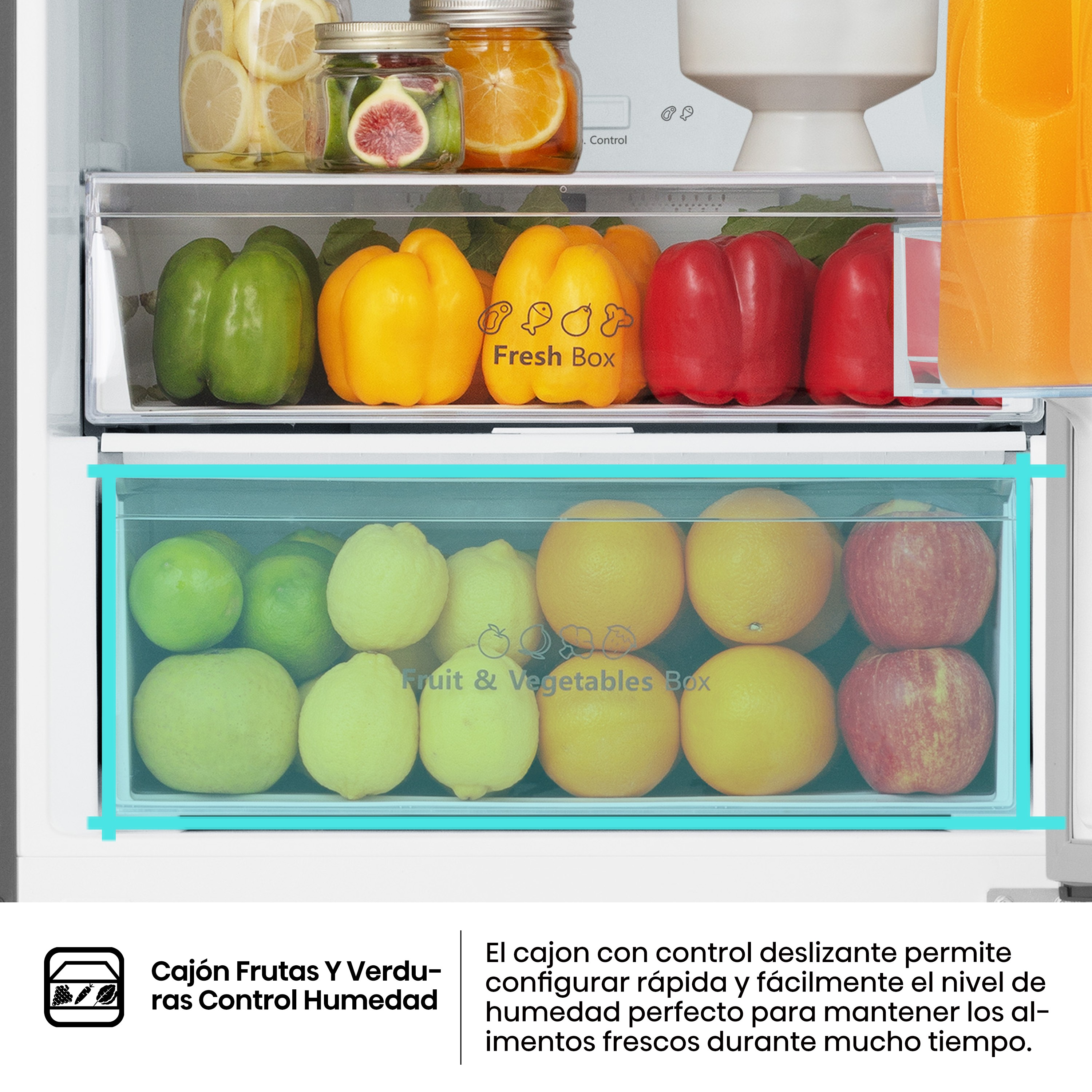 El refrigerador muestra pimientos amarillos, rojos y verdes en Fresh Box y frutas en Fruit & Vegetables Box.