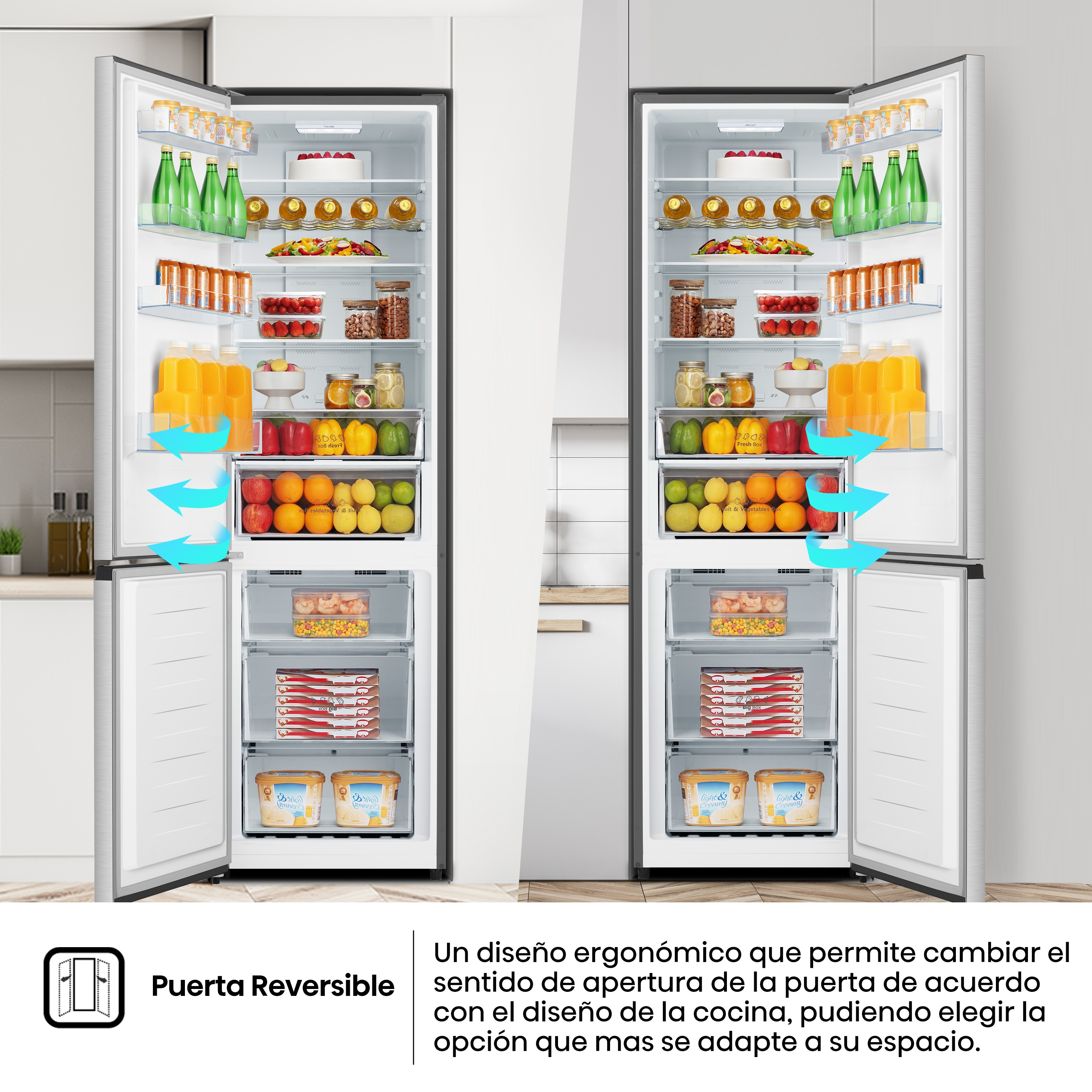 Dos refrigeradores abiertos llenos de comida. Flechas indican la circulación del aire. Las puertas son reversibles.