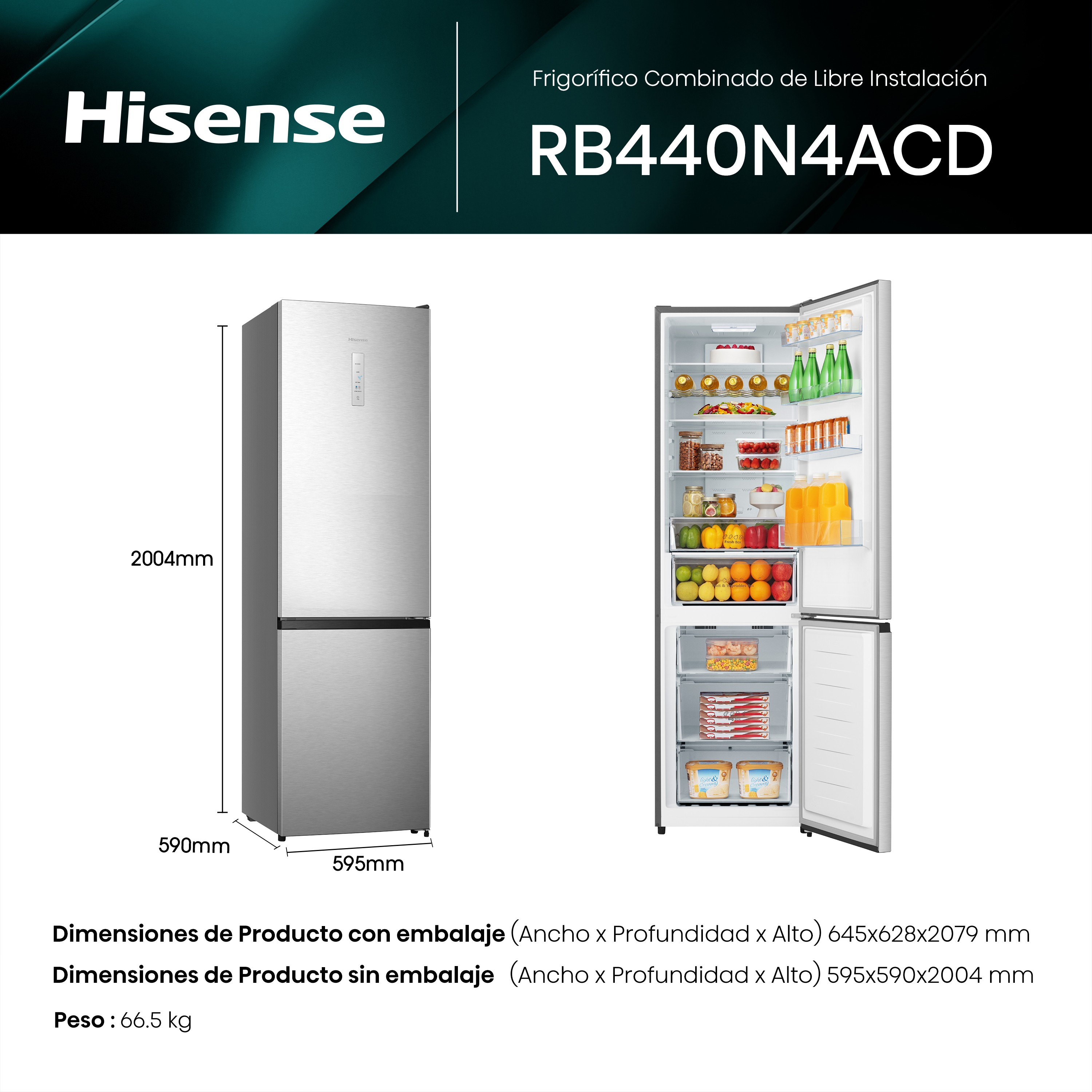 Un frigorífico combi independiente con dimensiones y datos técnicos. Se ve el logo de Hisense.