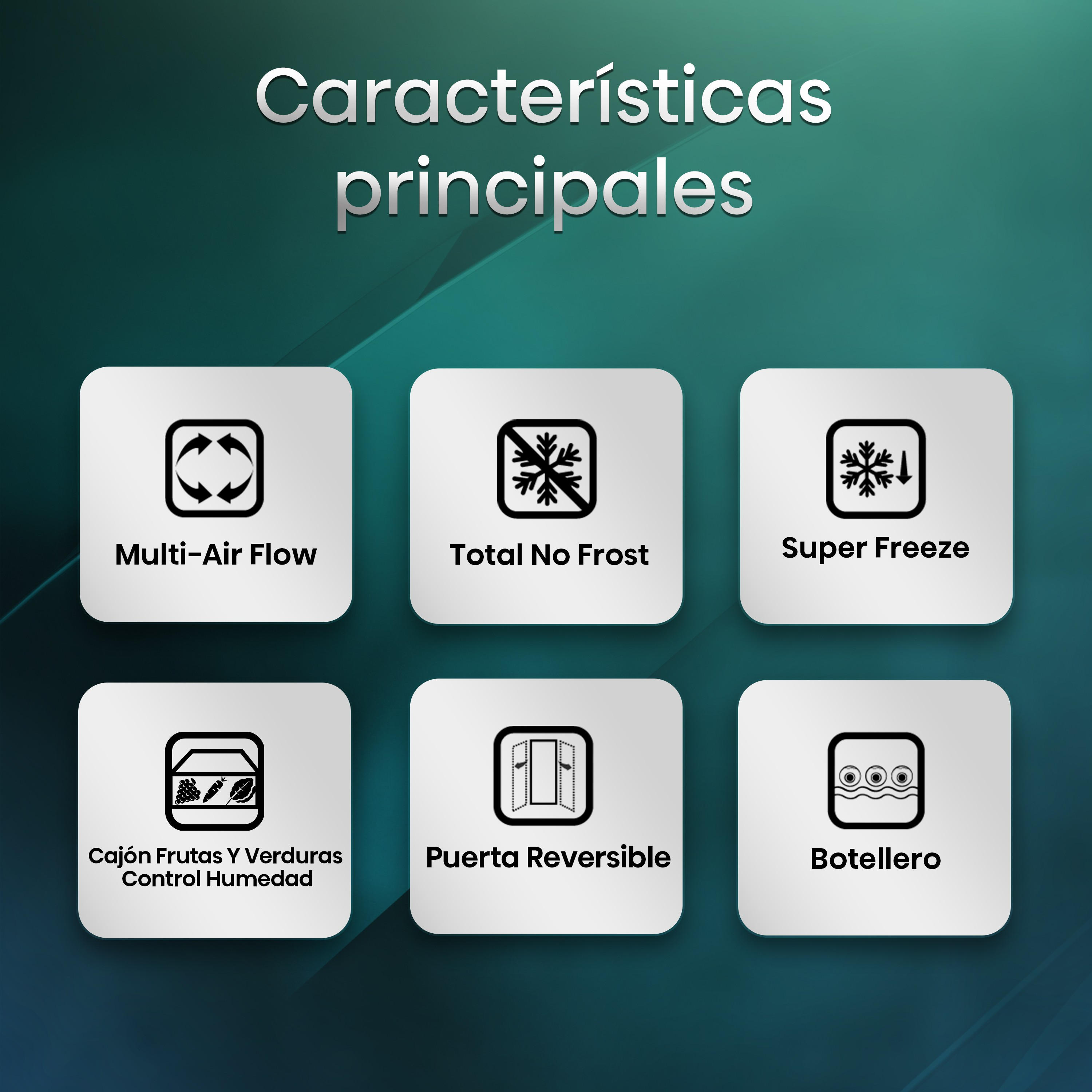 Iconos para Multi-Air Flow, Total No Frost, Super Freeze, Cajón Verduras, Puerta Reversible y Botellero.